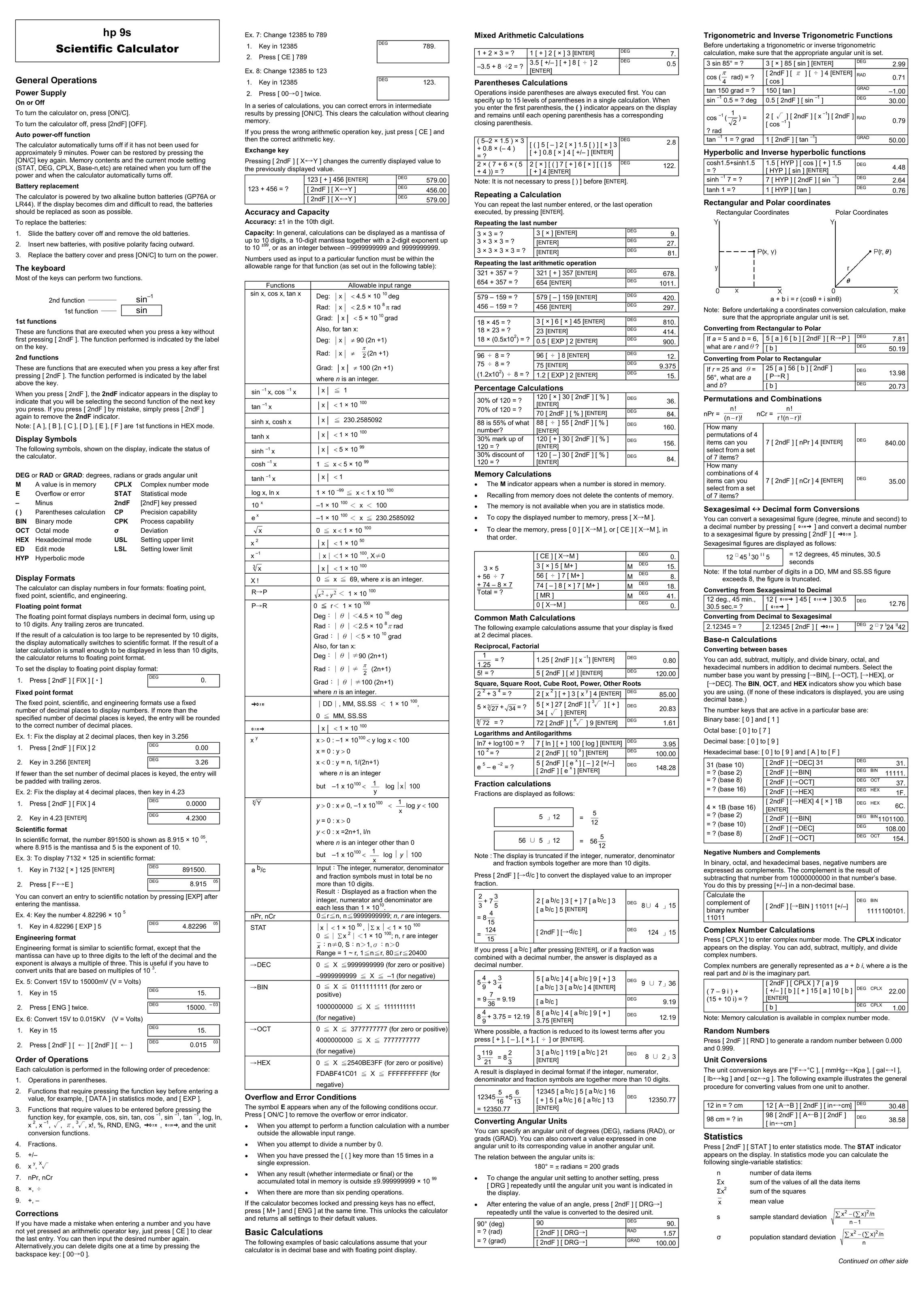 HP (Hewlett-Packard) scientific calculator Calculator User Manual
