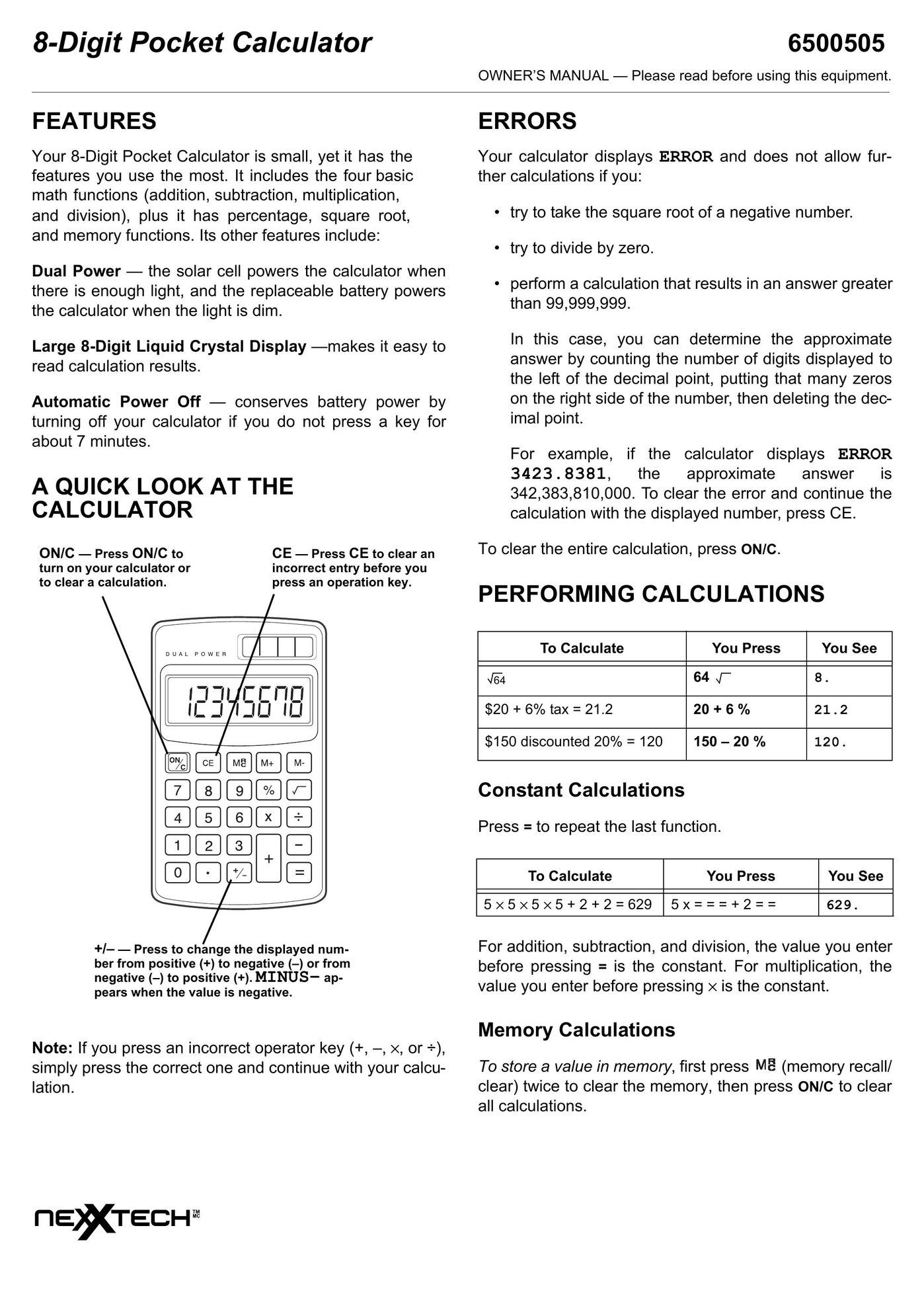 NexxTech 6500505 Calculator User Manual