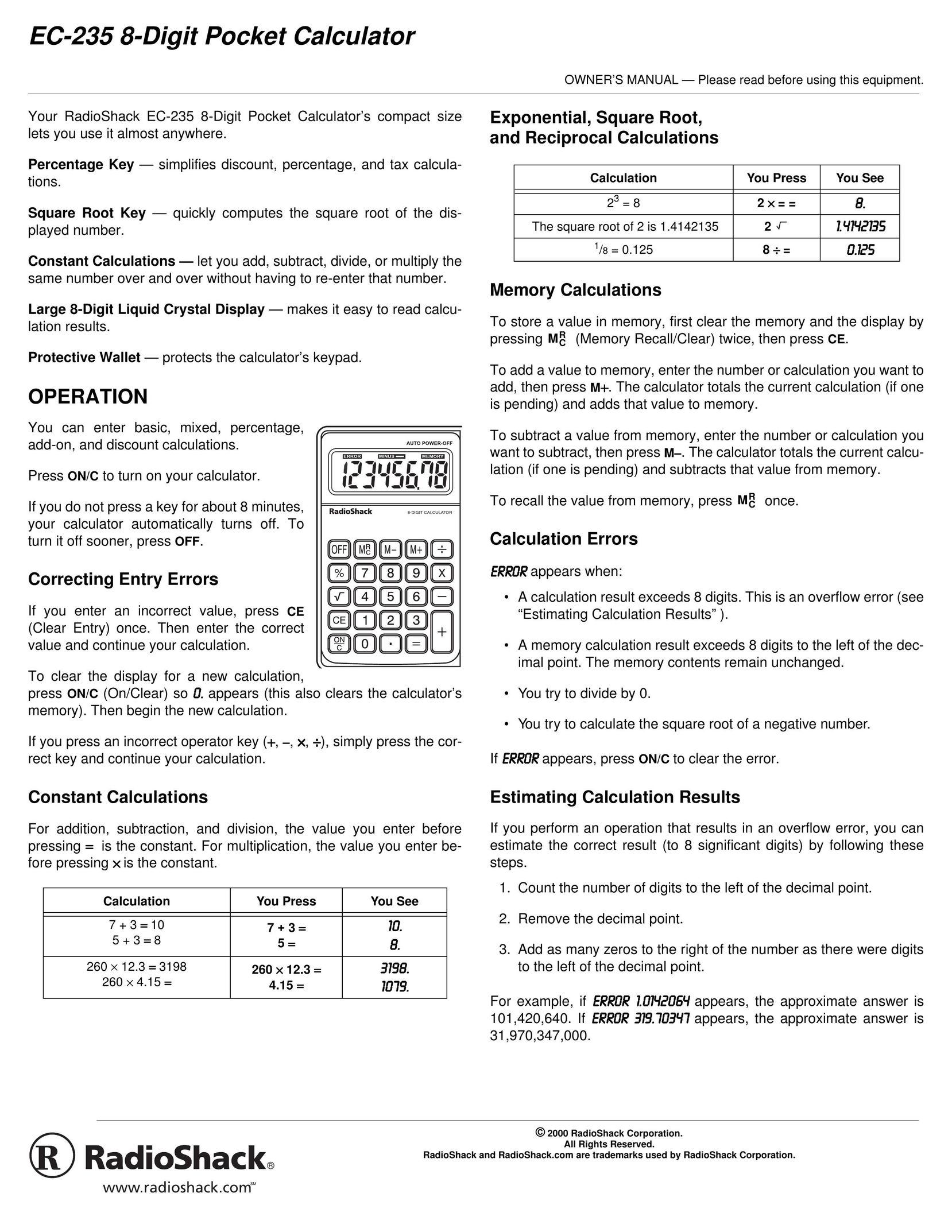 Radio Shack EC-235 Calculator User Manual