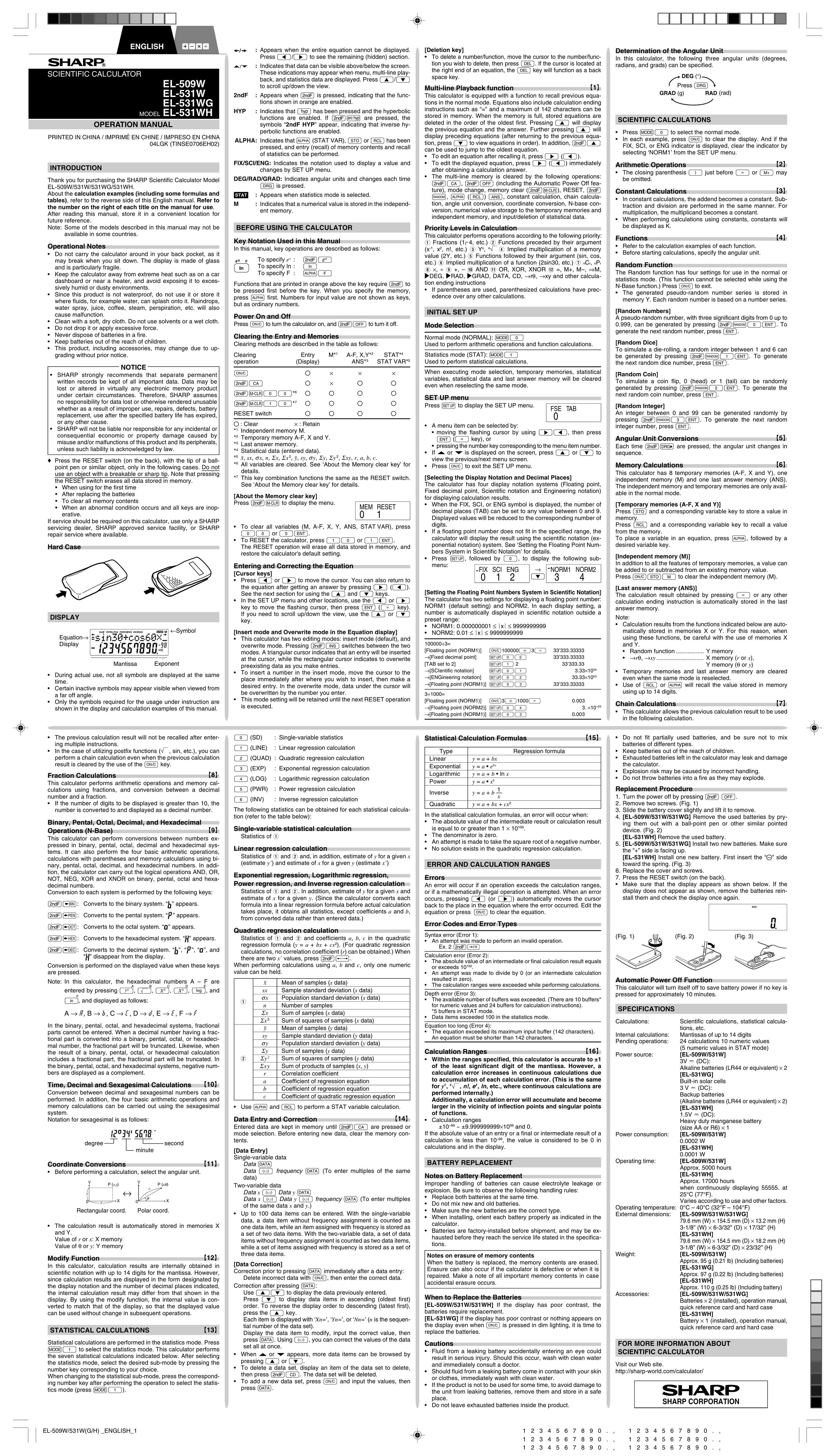 Sharp 531WG Calculator User Manual