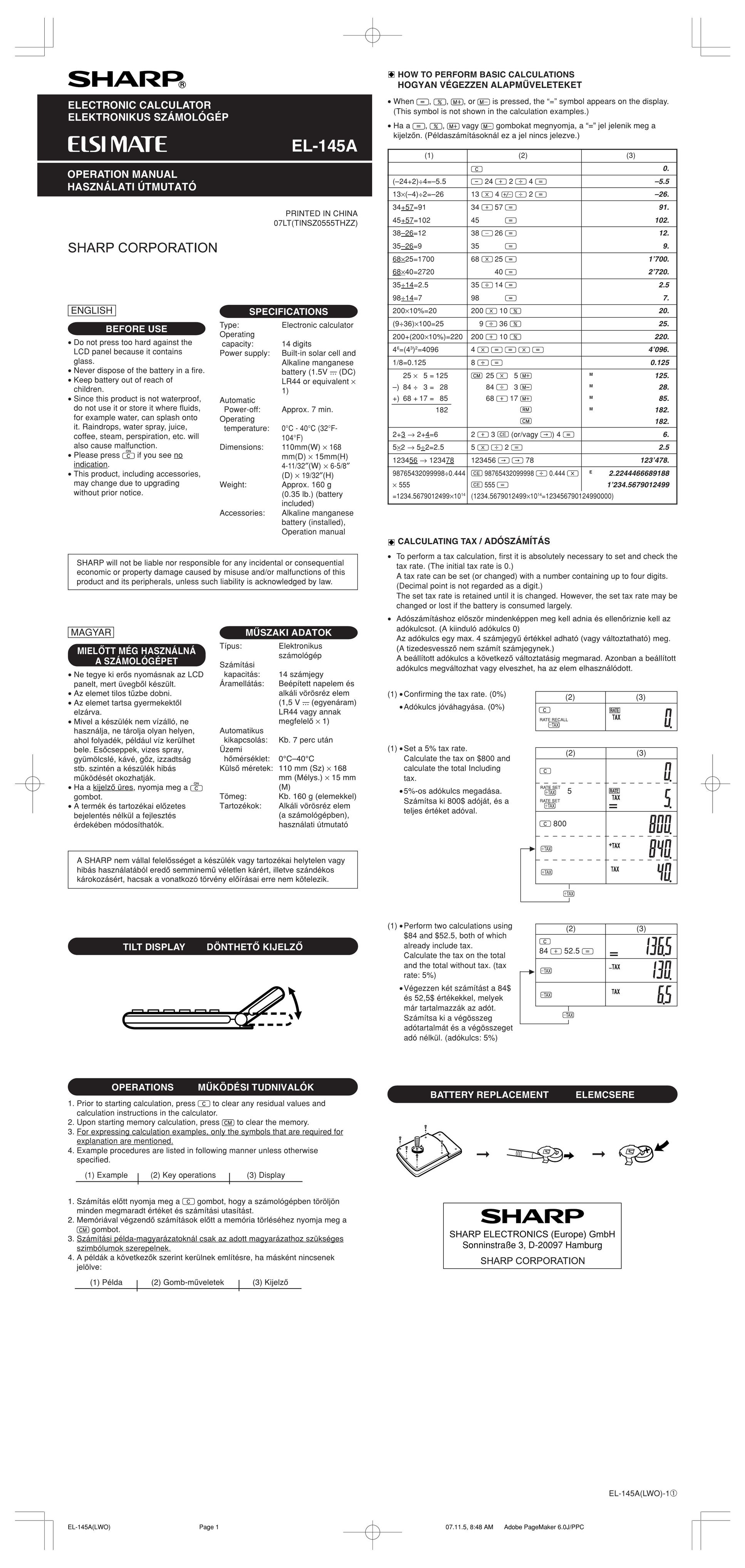 Sharp EL-145A Calculator User Manual