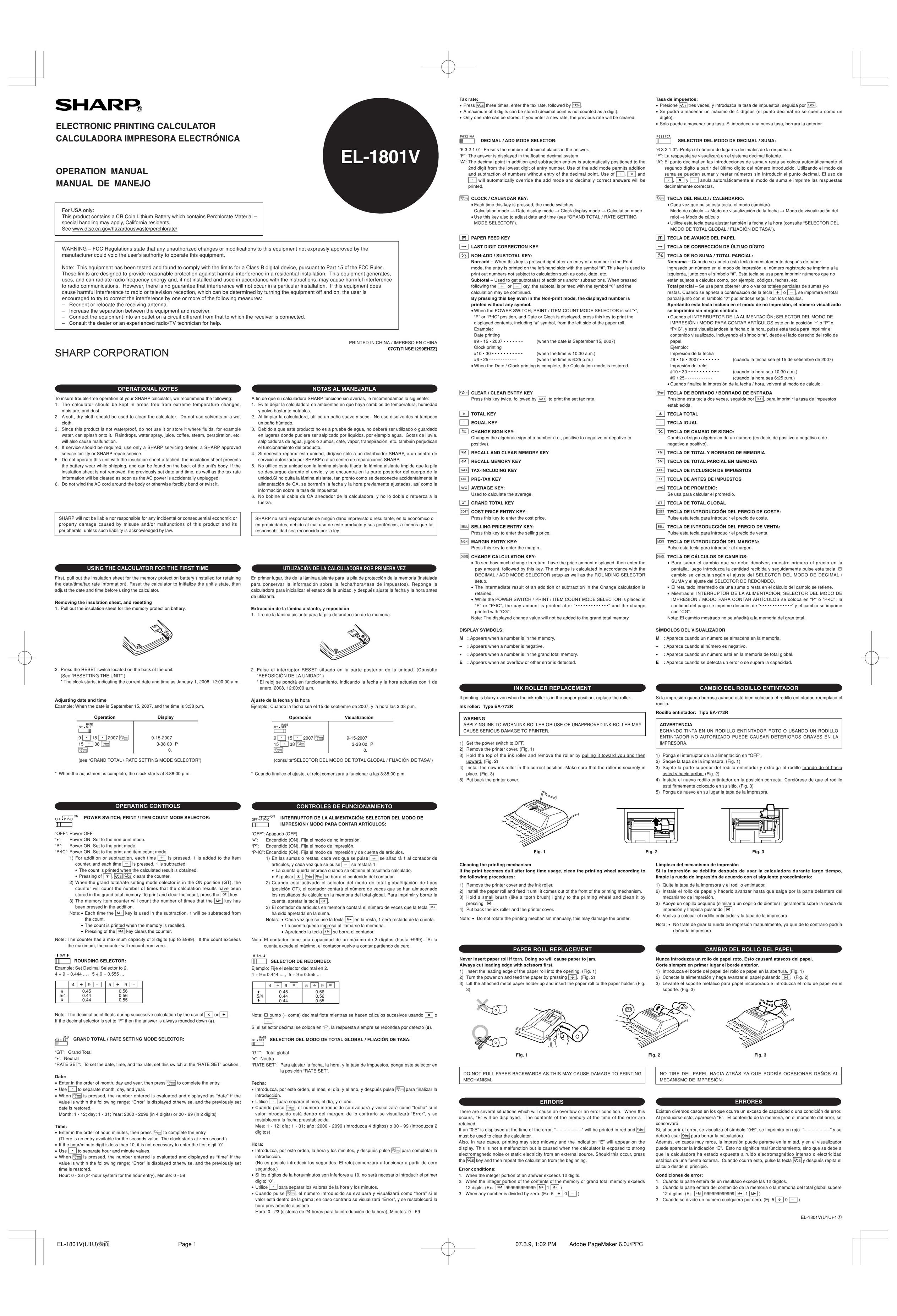 Sharp EL-1801V Calculator User Manual