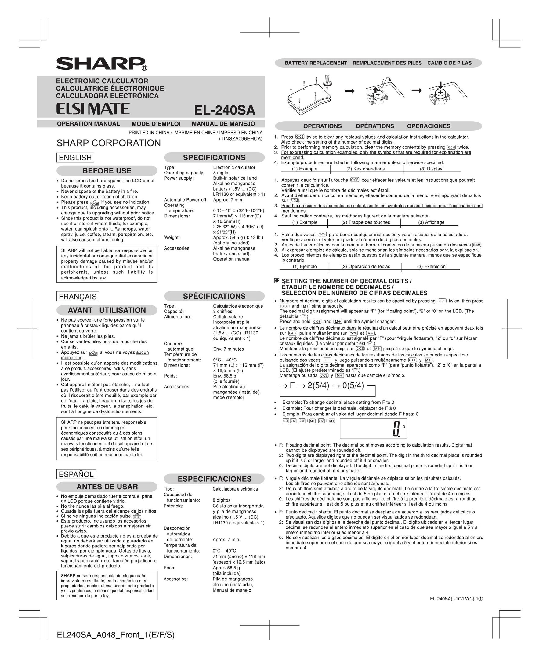 Sharp EL-240SA Calculator User Manual