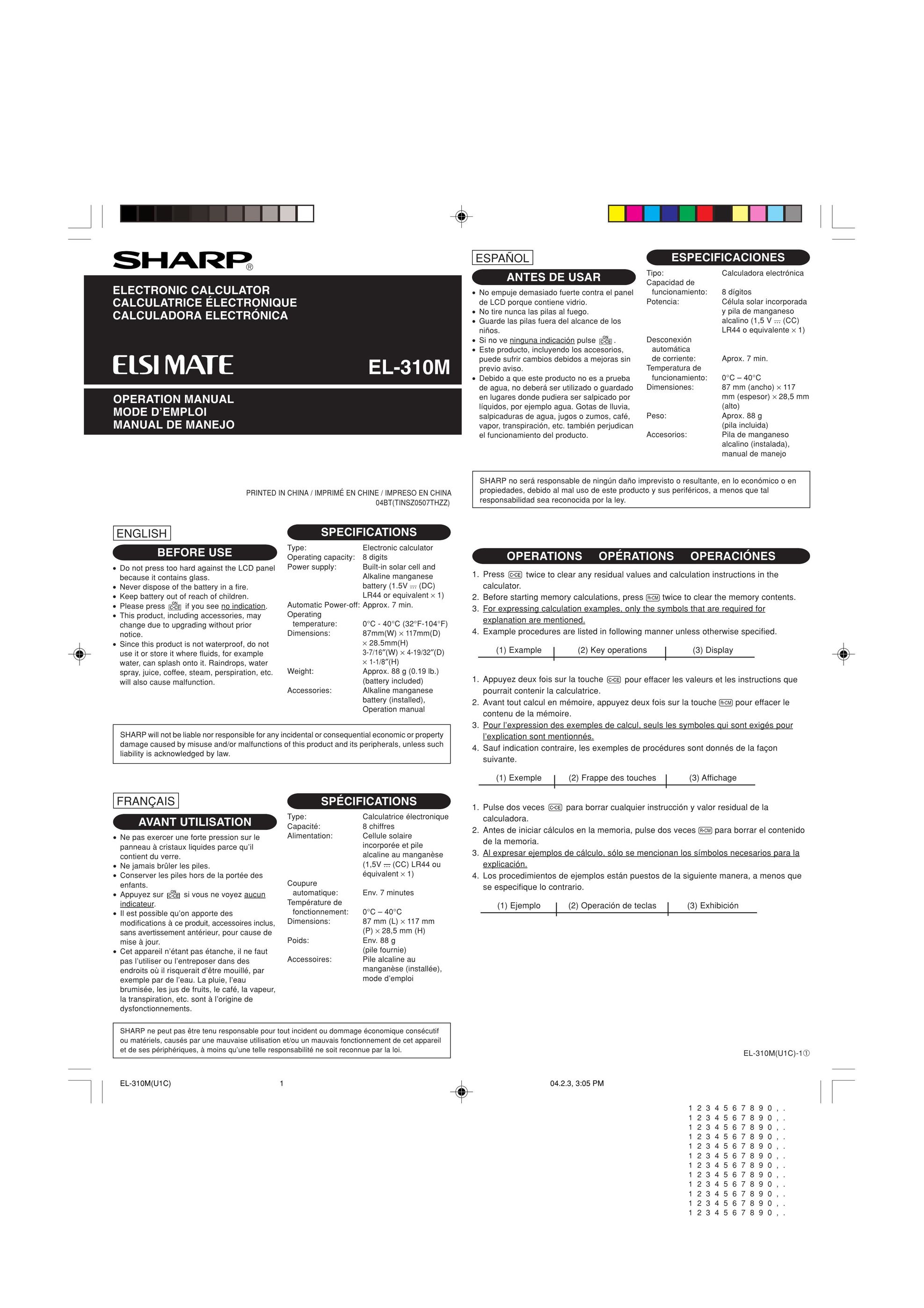 Sharp EL-310M Calculator User Manual