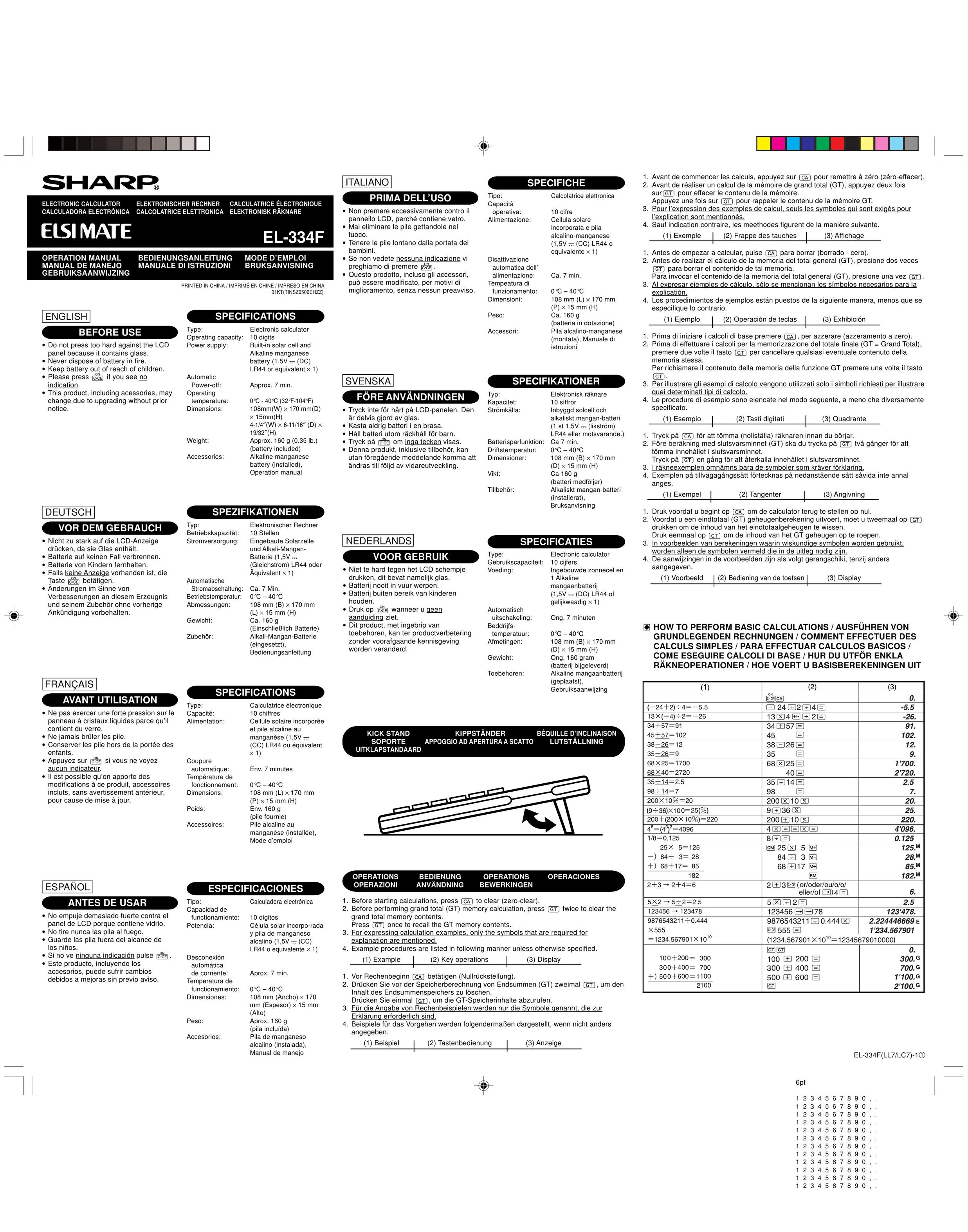 Sharp EL-334F Calculator User Manual