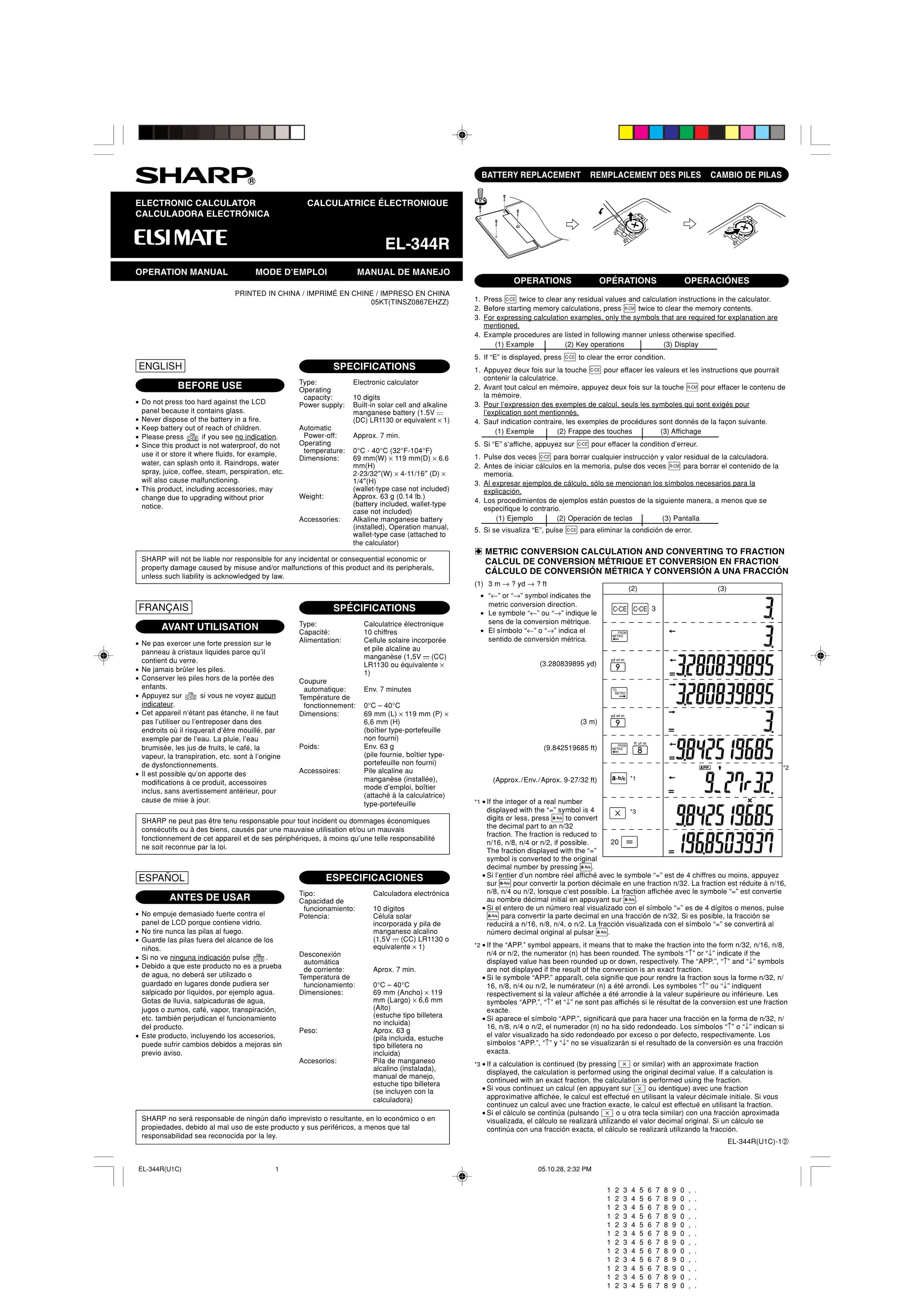 Sharp EL-344R Calculator User Manual
