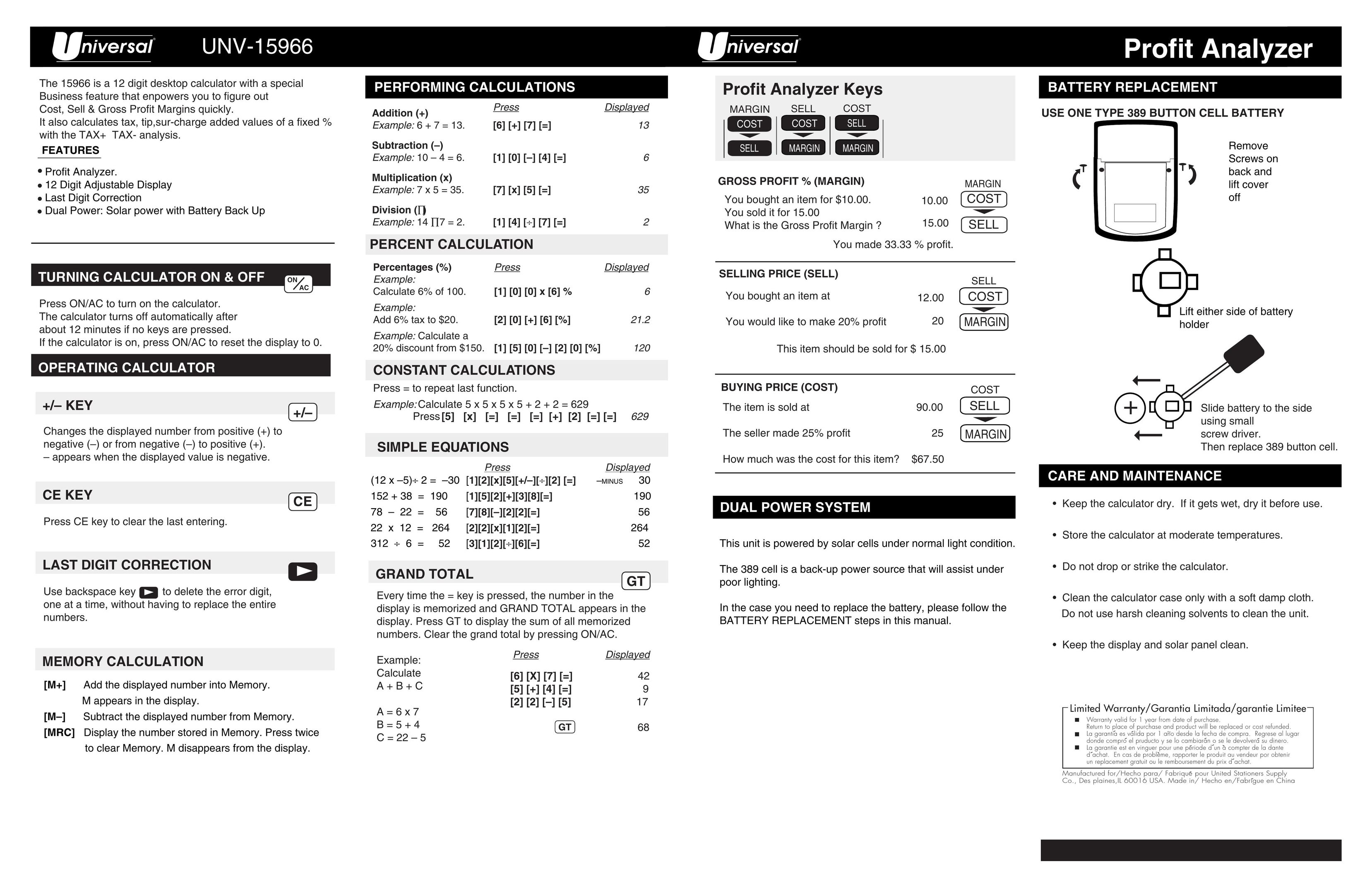Universal UNV-15966 Calculator User Manual