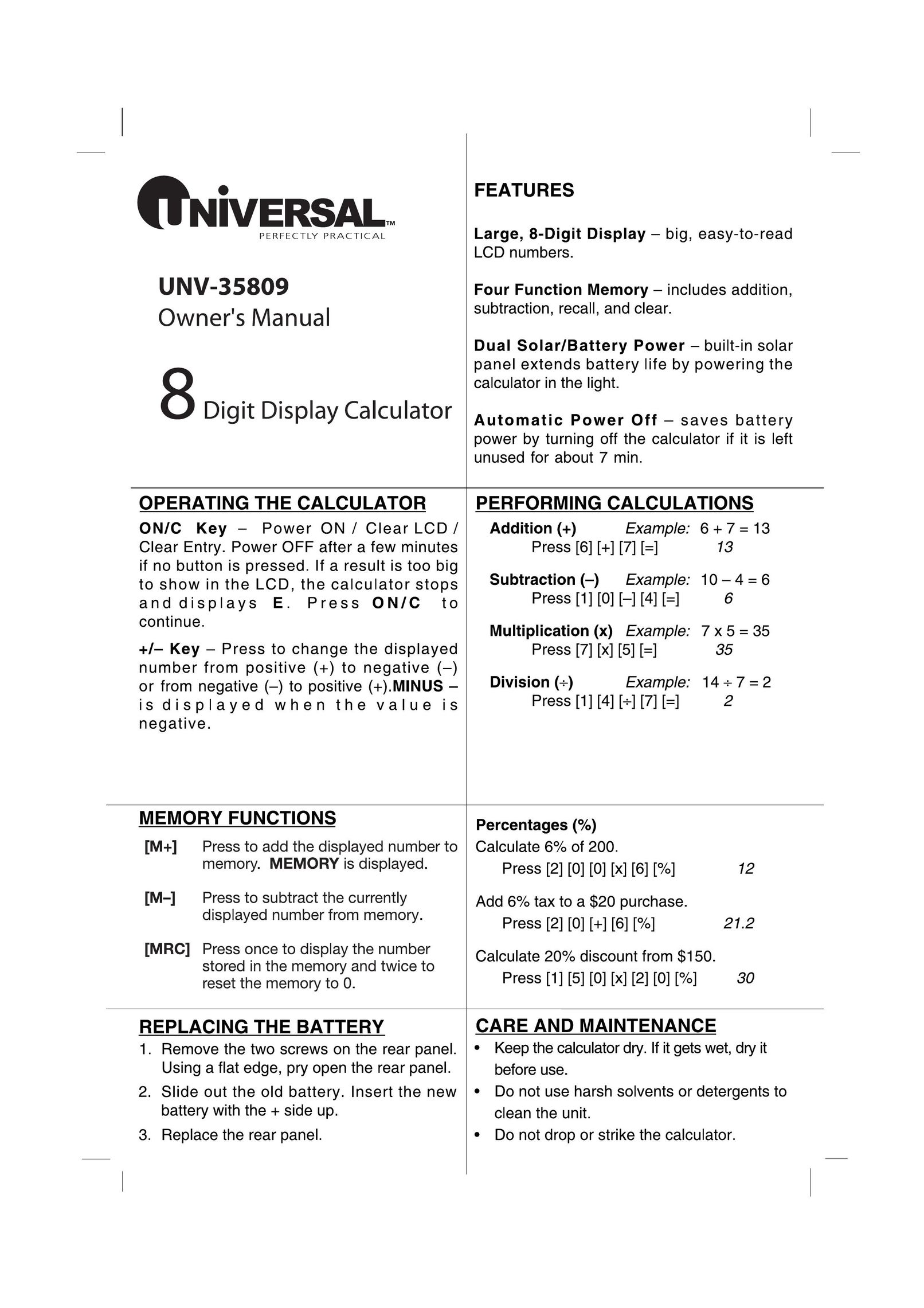 Universal Electronics UNV -35809 Calculator User Manual