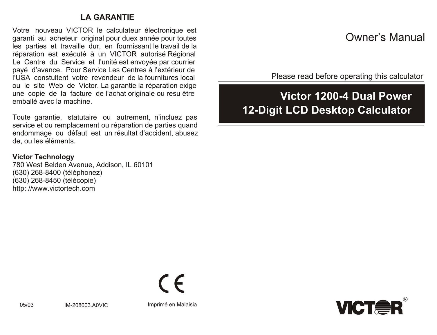 Victor Technology 1200-4 Calculator User Manual