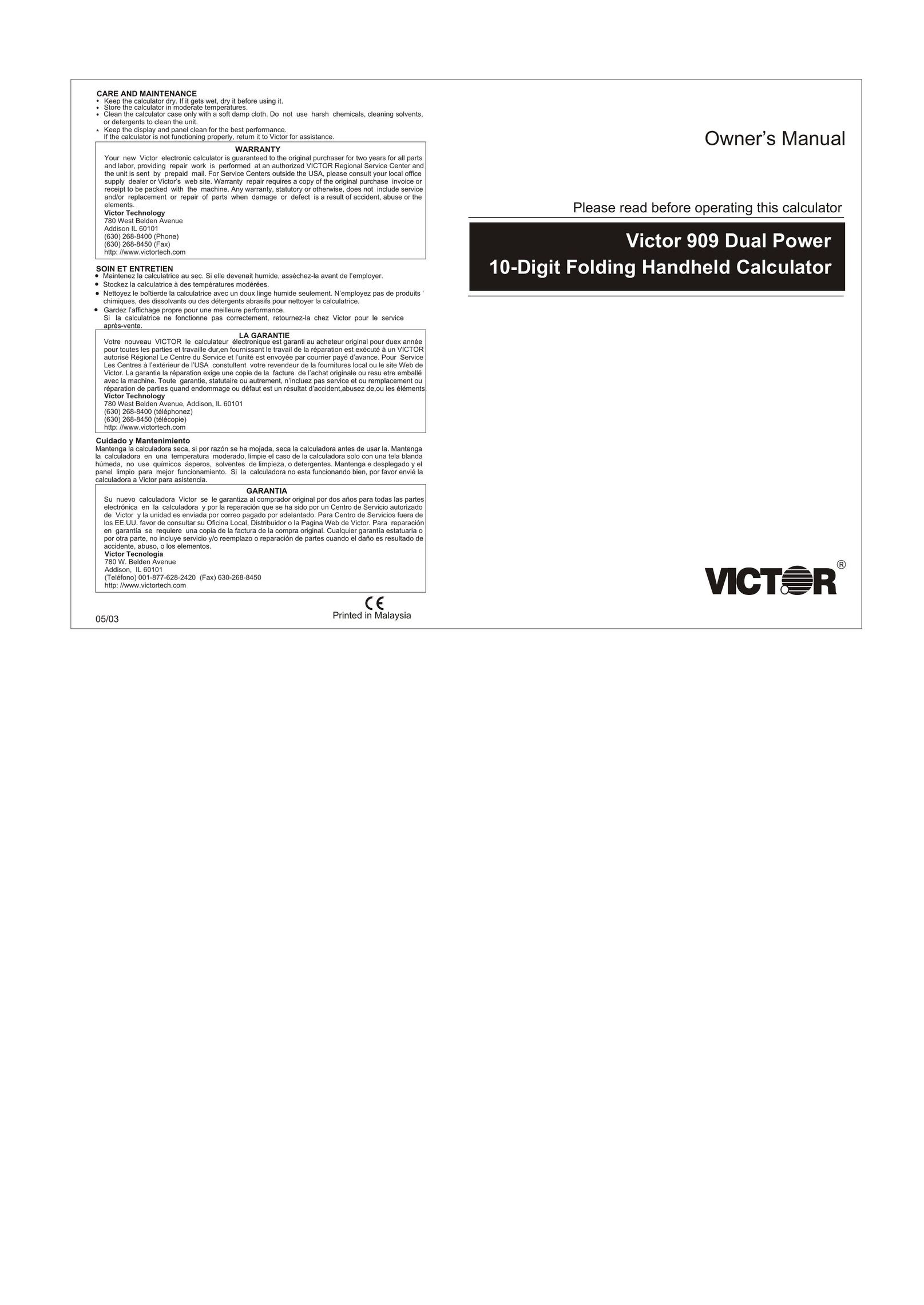 Victor Technology 909 Calculator User Manual