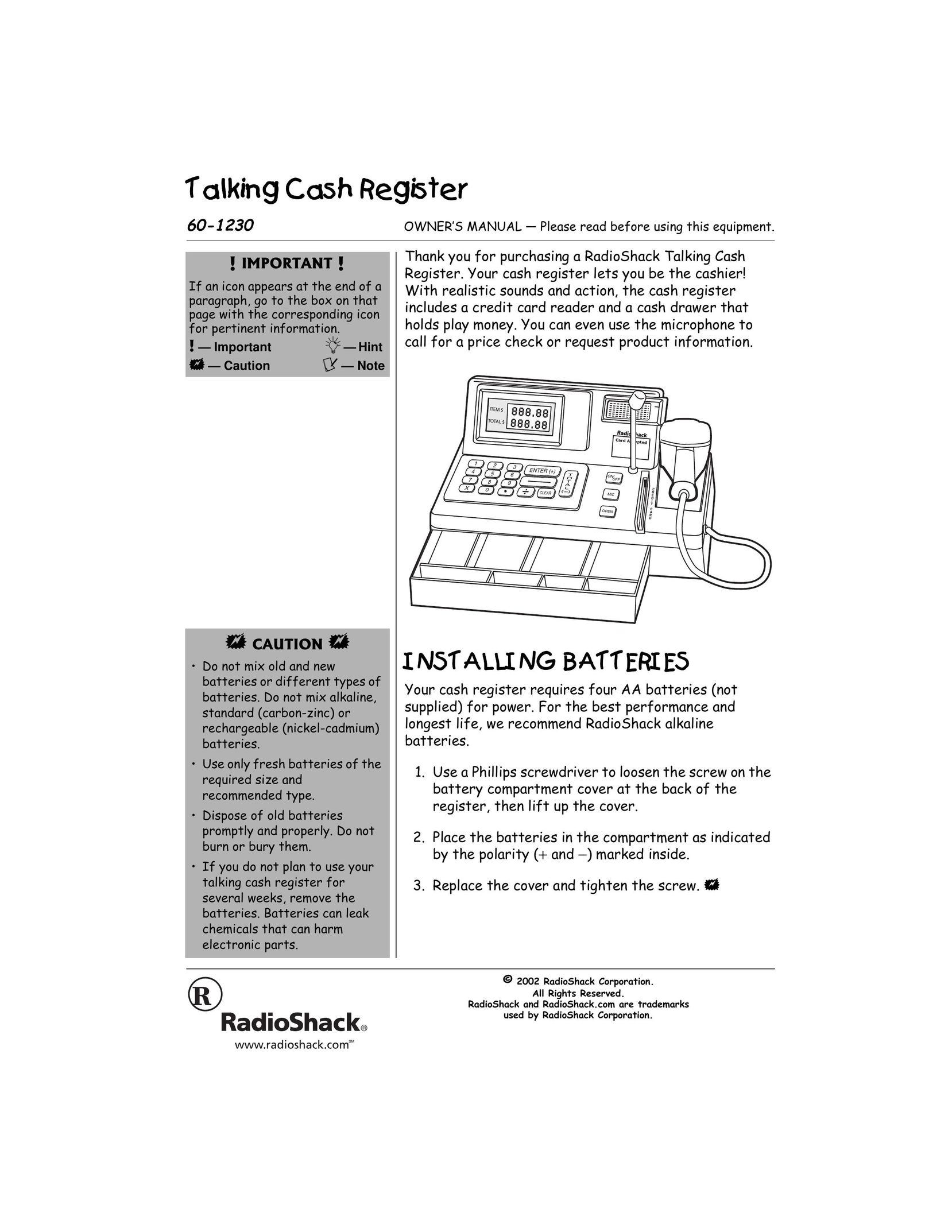 Radio Shack 60-1230 Cash Register User Manual
