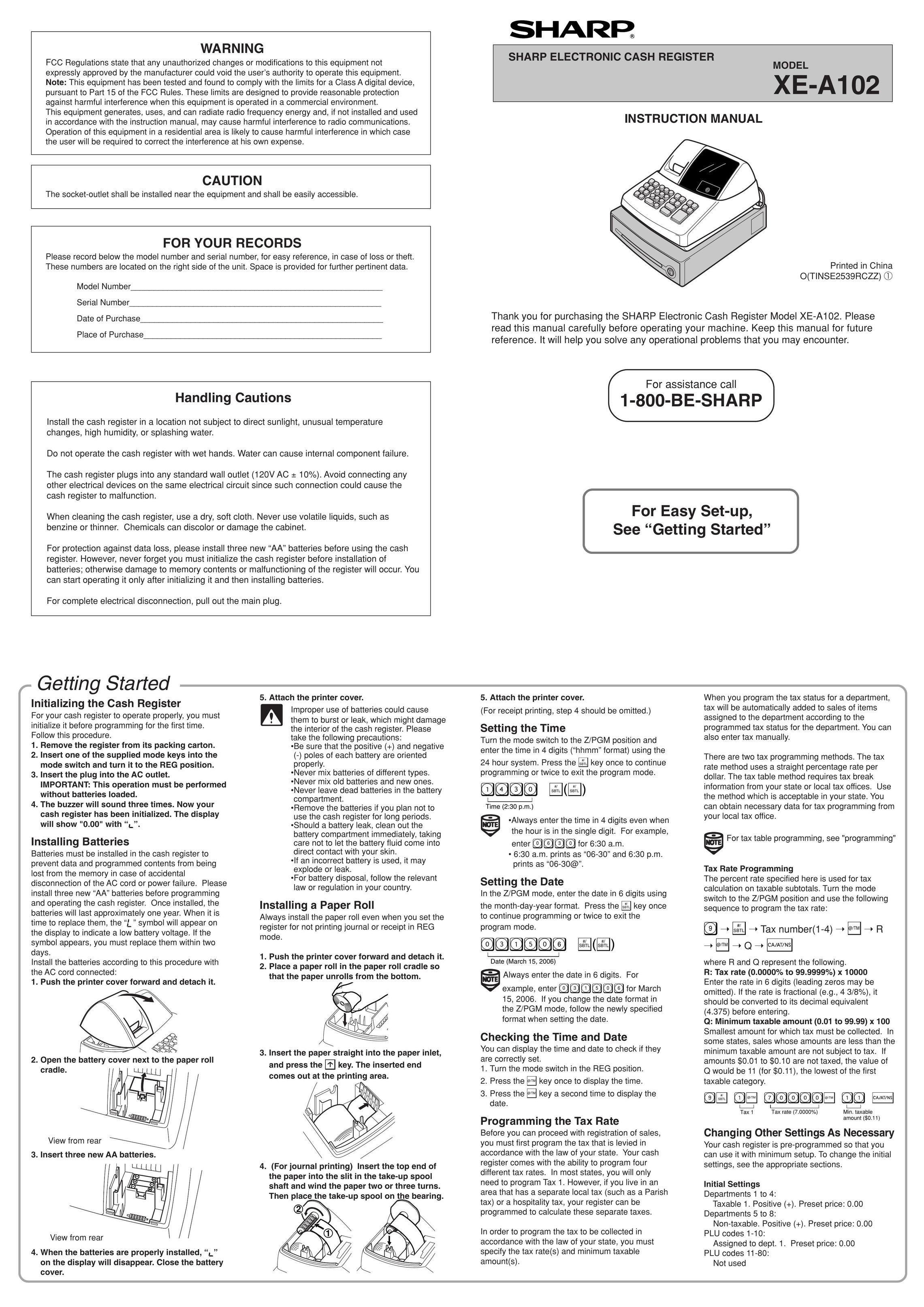 Sharp XE-A102 Cash Register User Manual