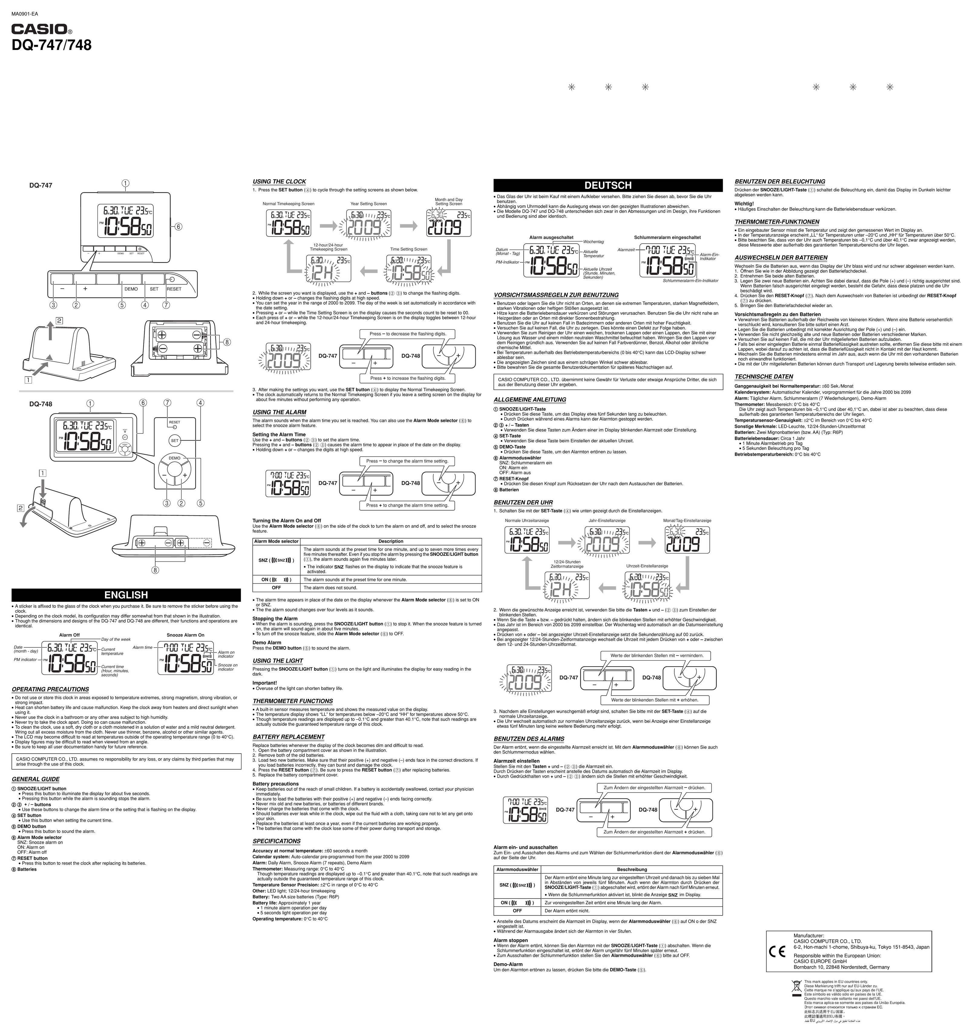 Casio DQ-748 Clock User Manual