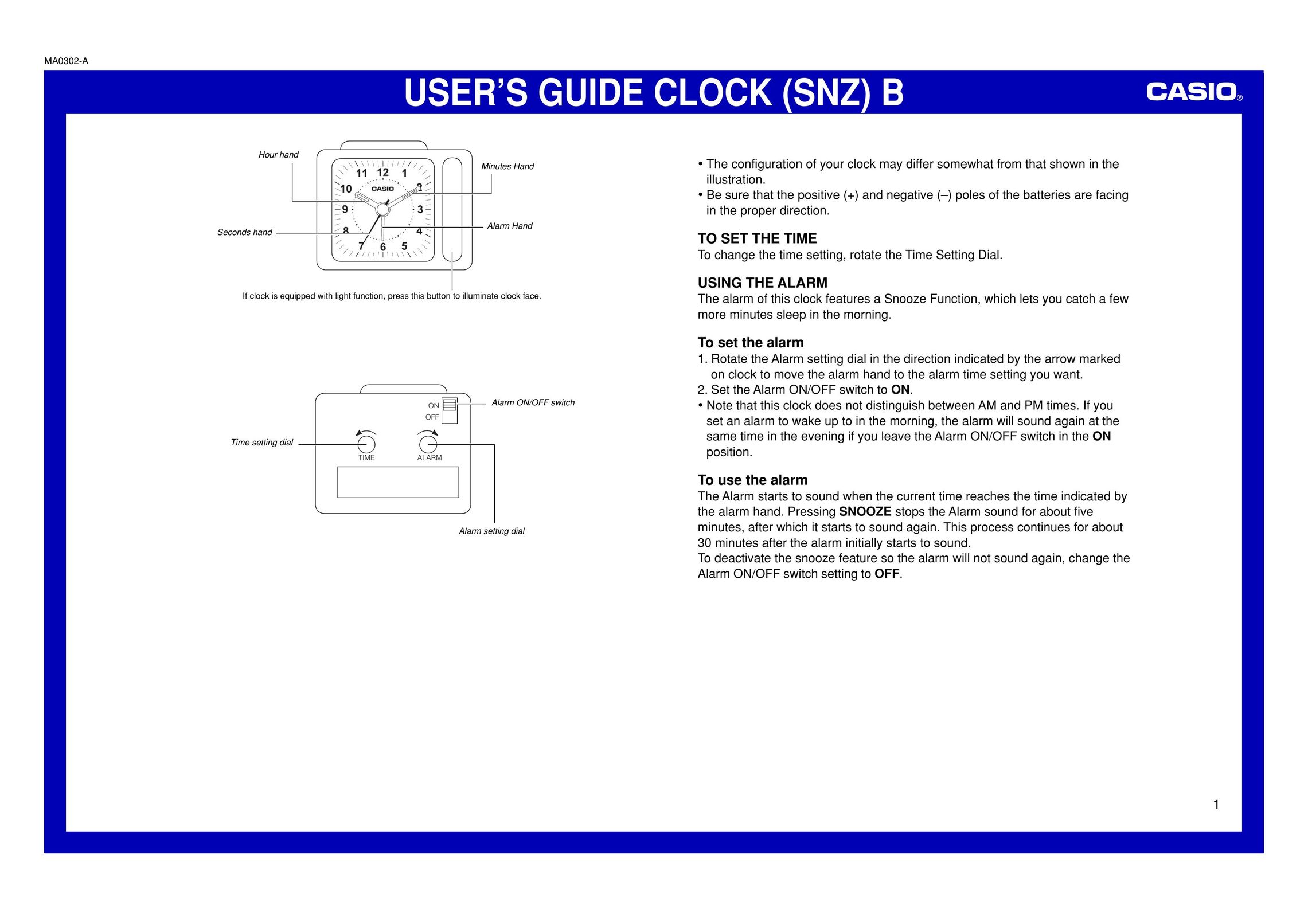 Casio MA0302-A Clock User Manual