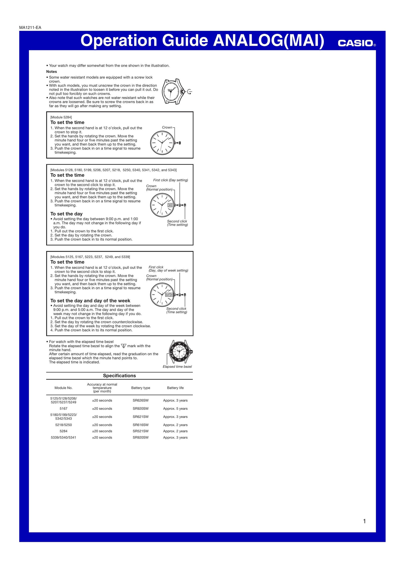 Casio MA1211-EA Clock User Manual