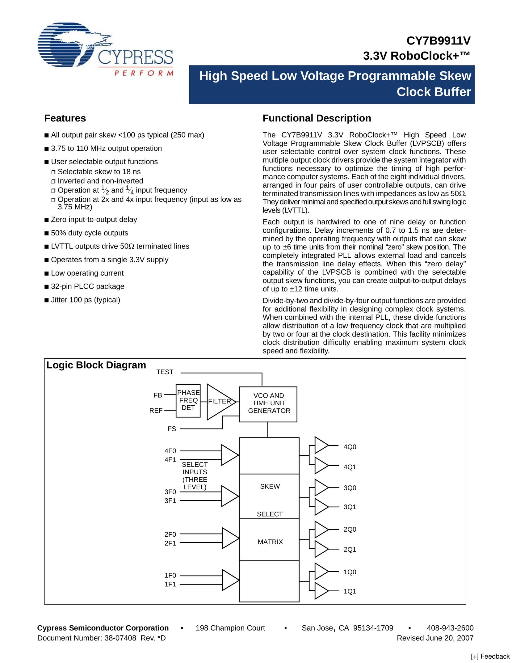 Cypress CY7B9911V Clock User Manual