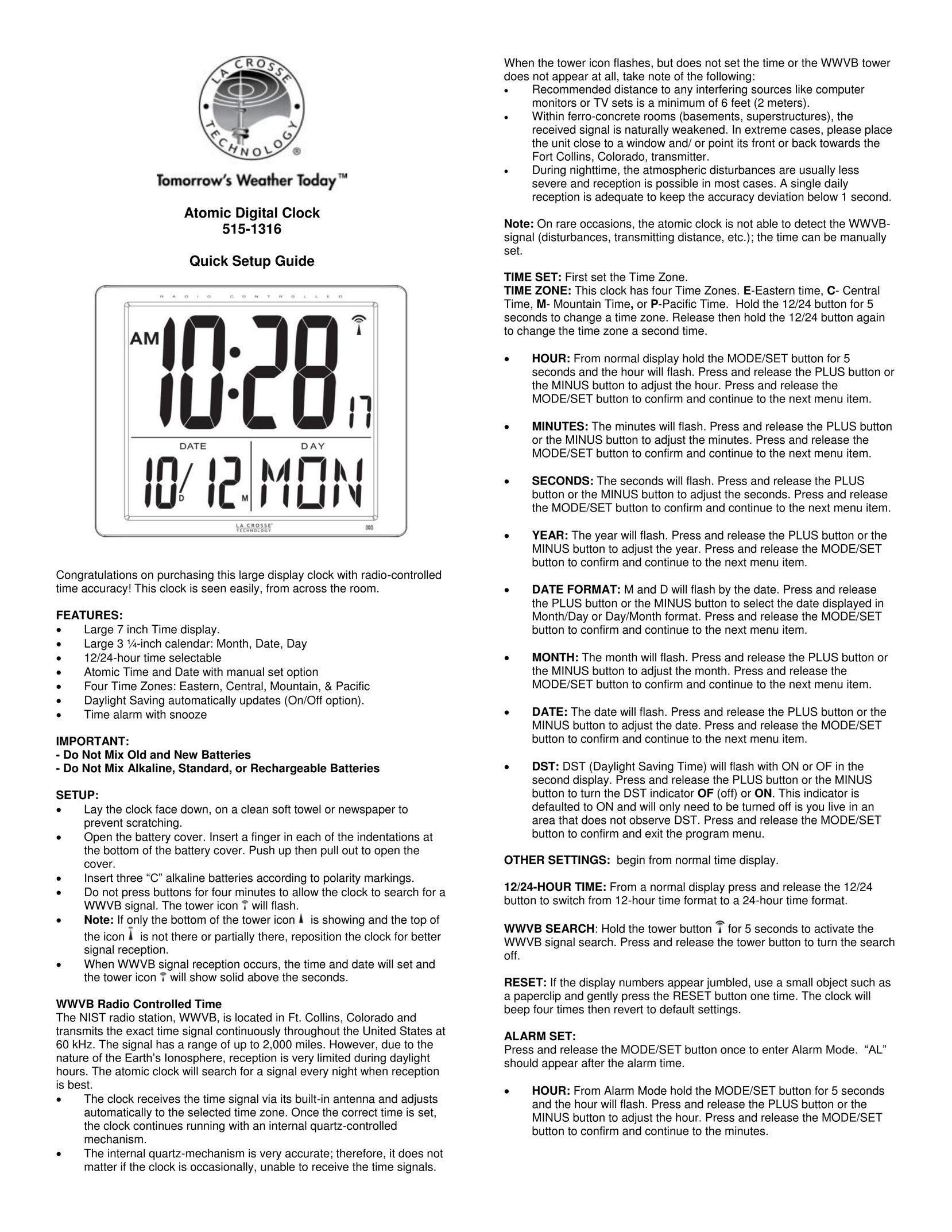 La Crosse Technology 515-1316 Clock User Manual