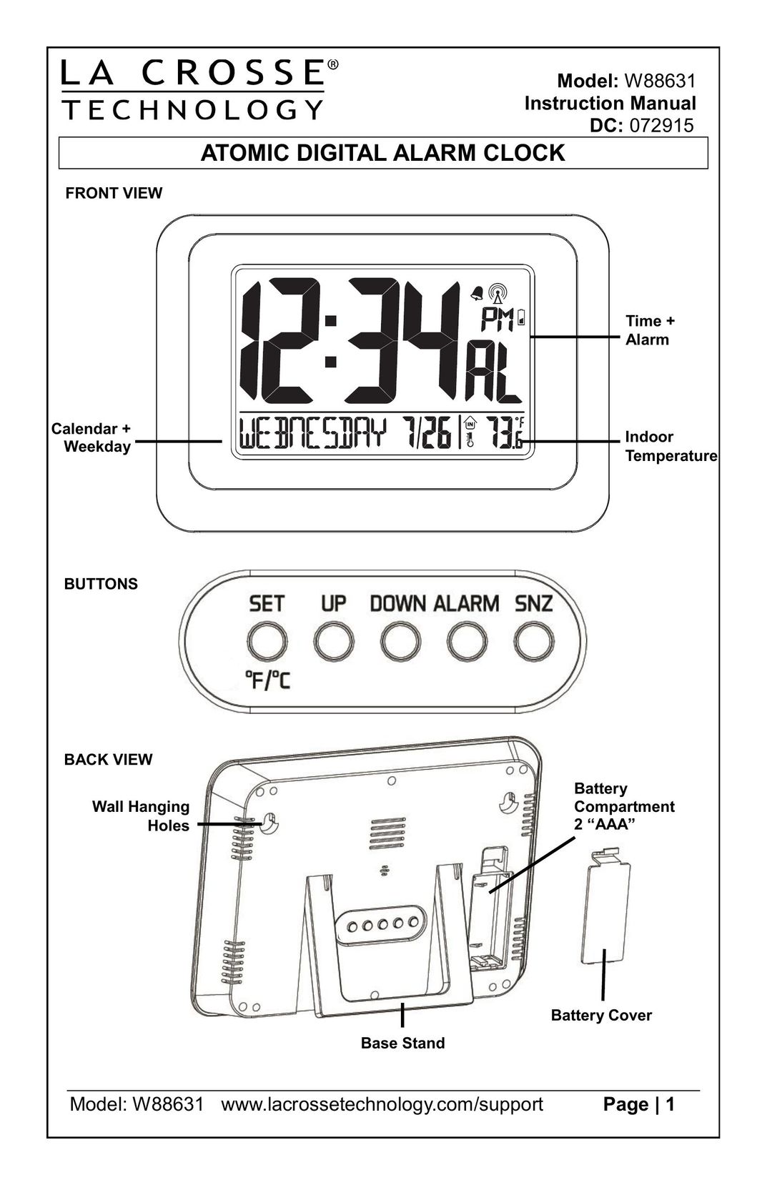 La Crosse Technology W88631 Clock User Manual