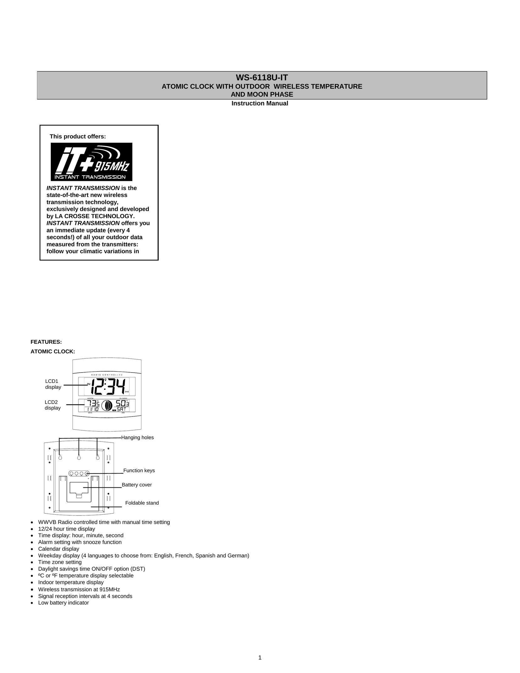 La Crosse Technology WS-6118AL-IT Clock User Manual