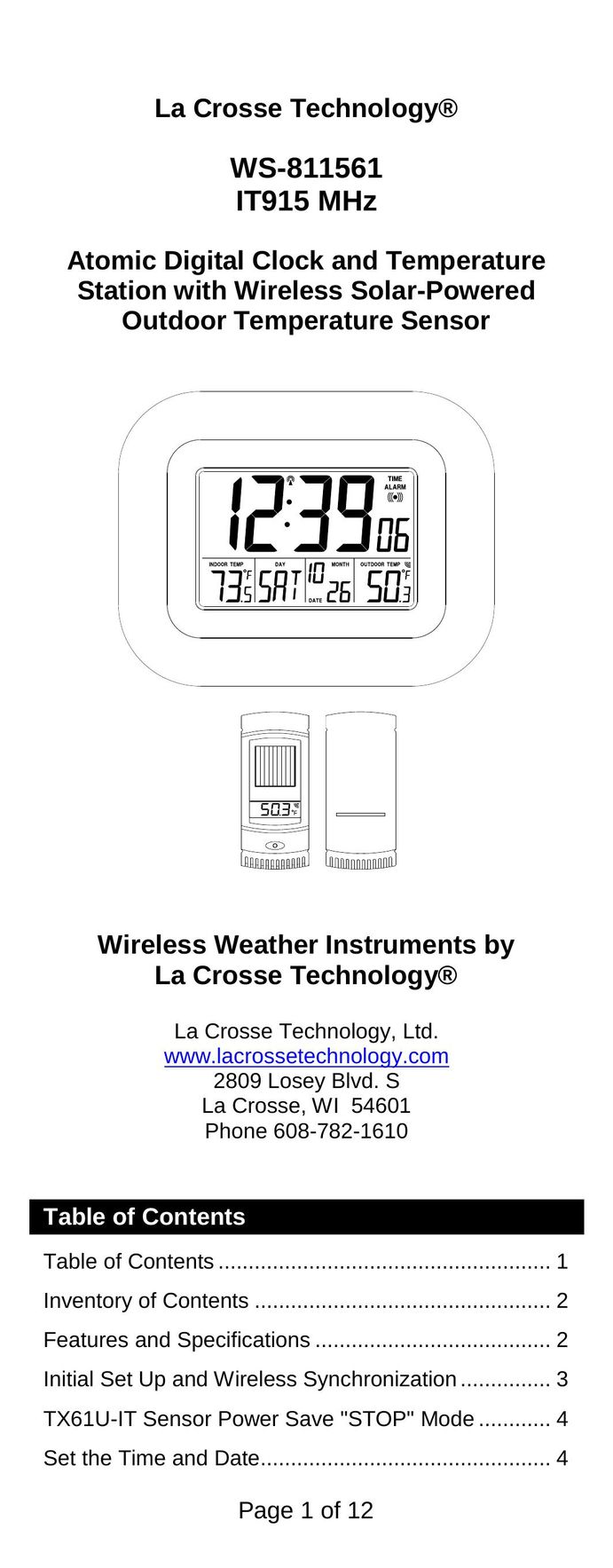 La Crosse Technology WS-811561 Clock User Manual
