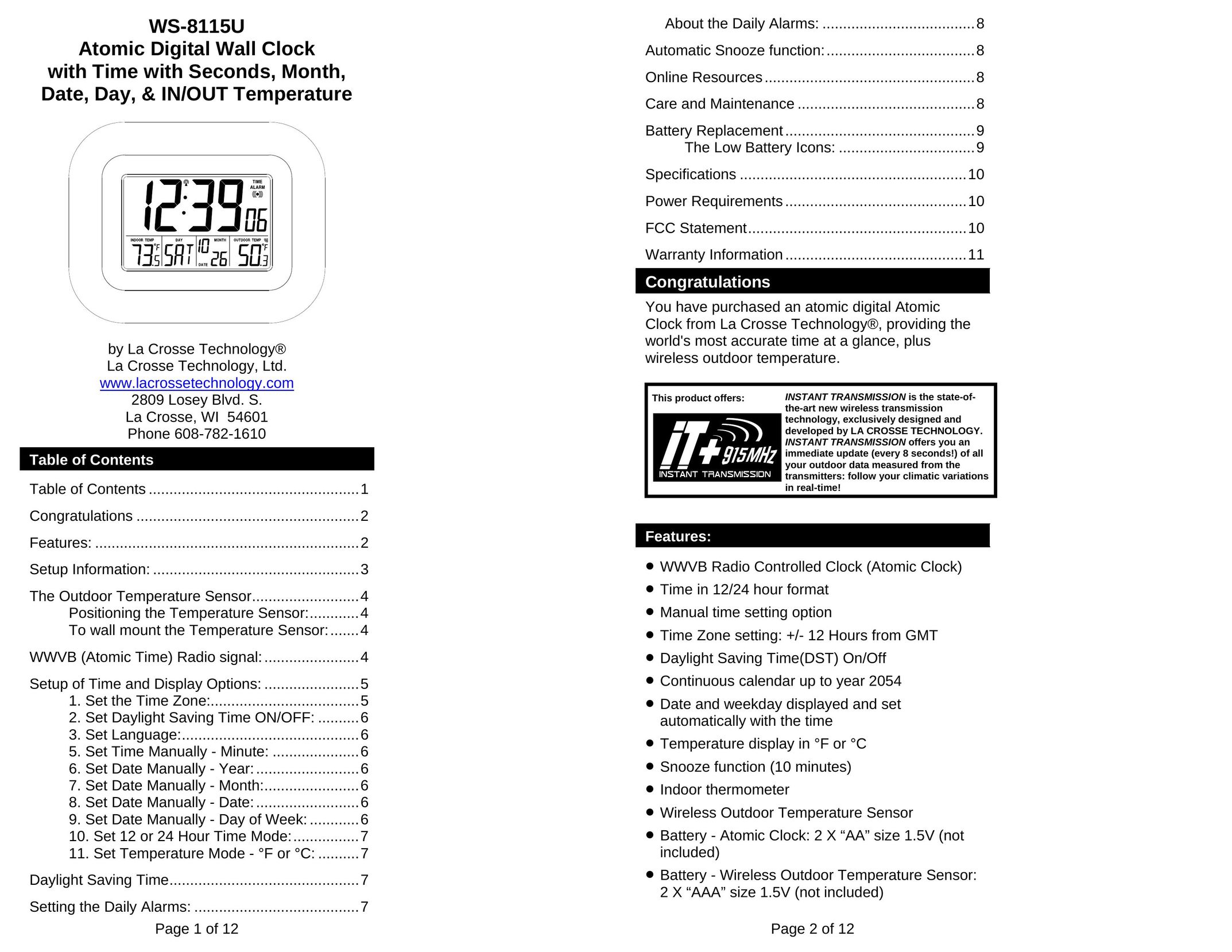 La Crosse Technology WS-8115U Clock User Manual