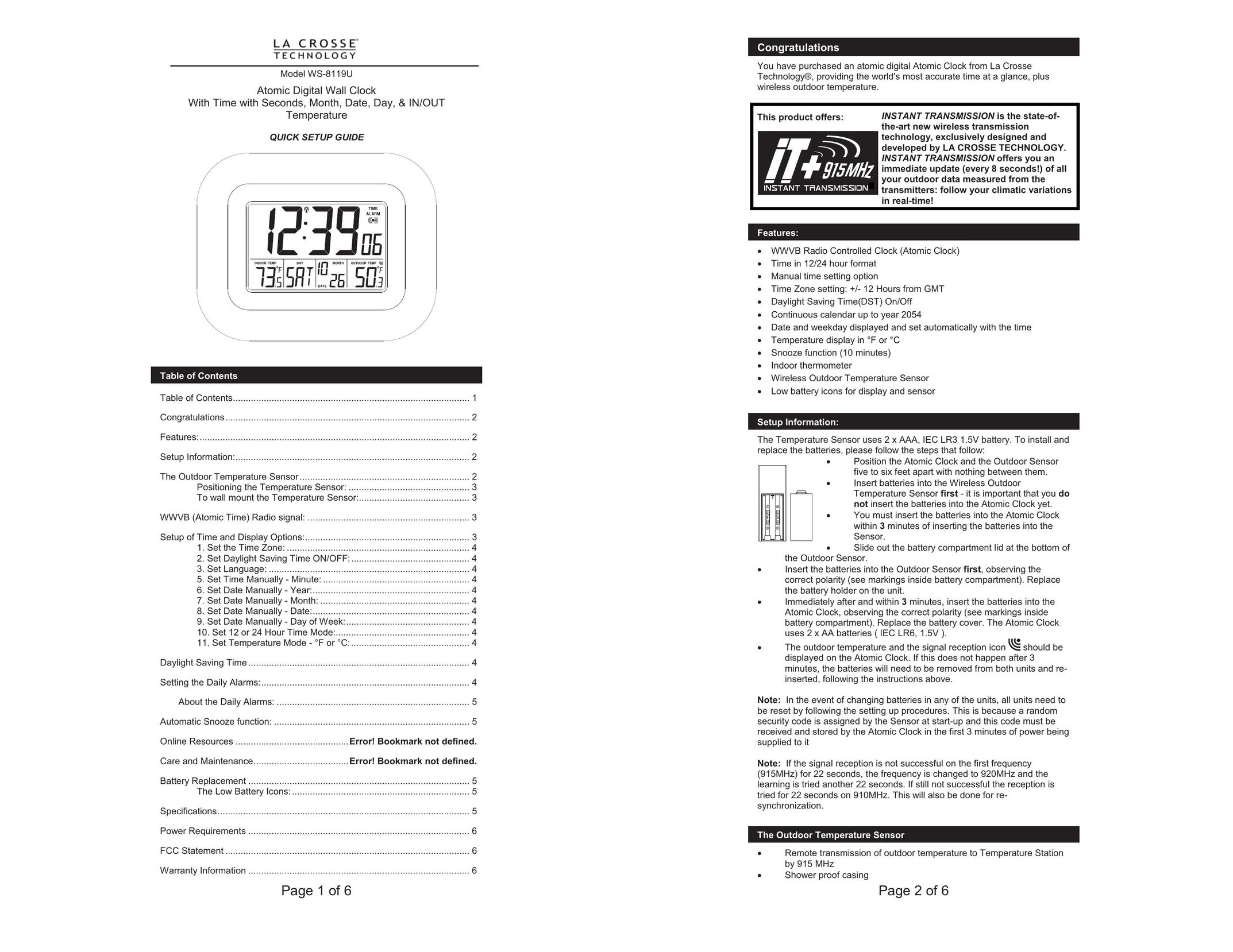 La Crosse Technology WS-8119U Clock User Manual
