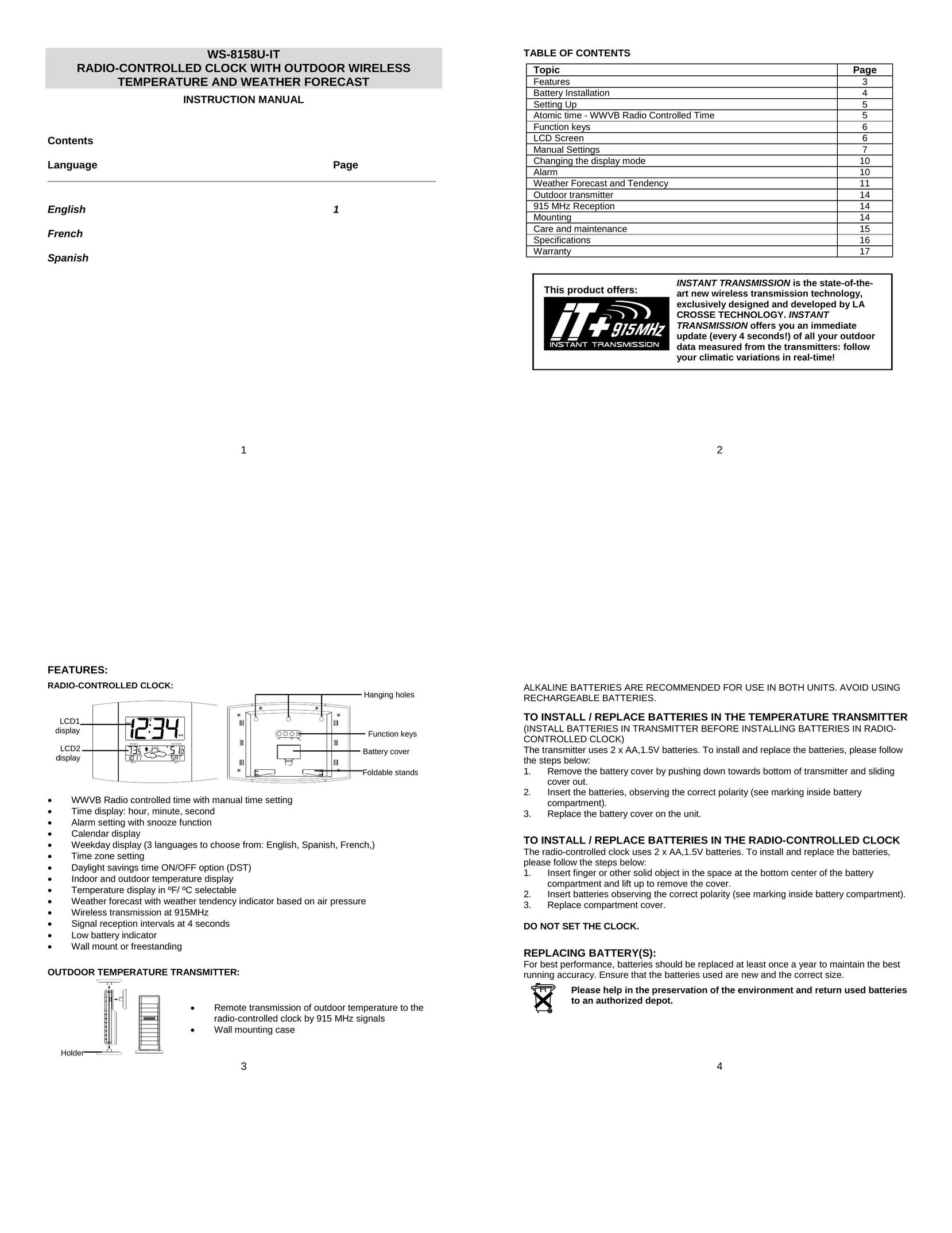 La Crosse Technology WS-8158U-IT Clock User Manual