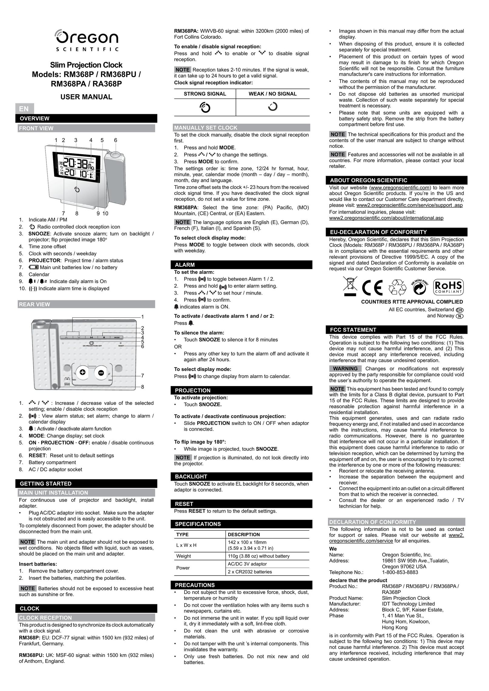 Oregon RM368PU Clock User Manual