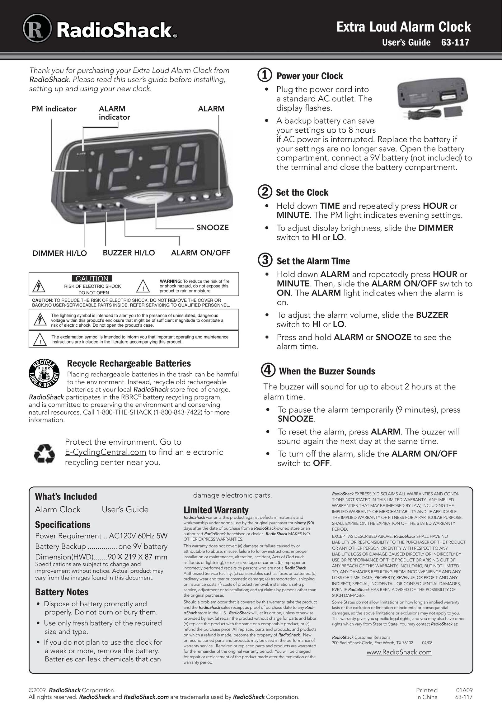 Radio Shack 63-117 Clock User Manual