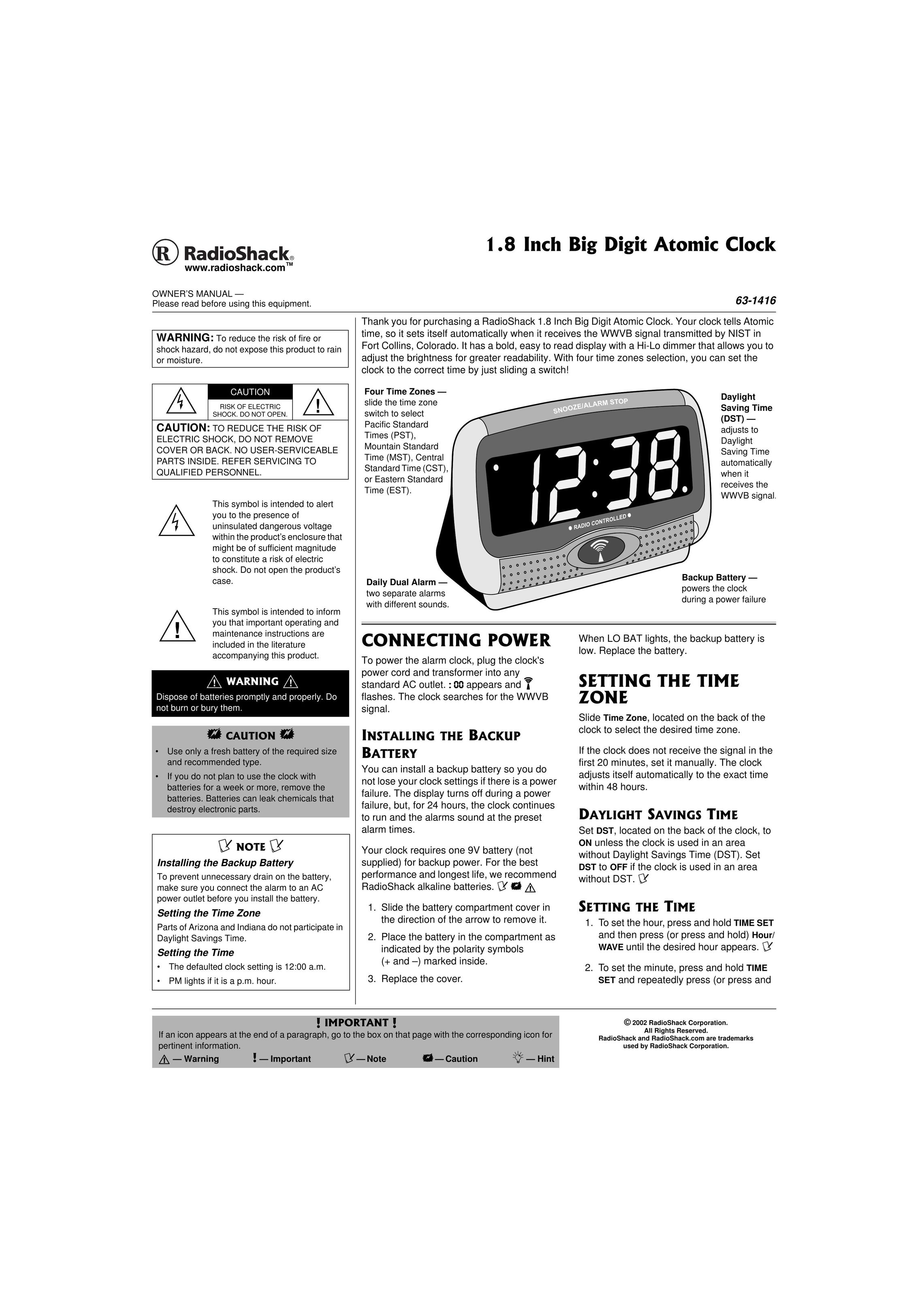 Radio Shack 63-1416 Clock User Manual