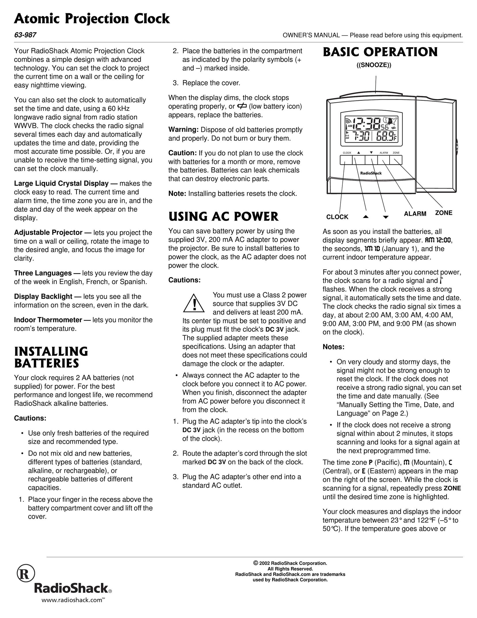 Radio Shack 63-987 Clock User Manual