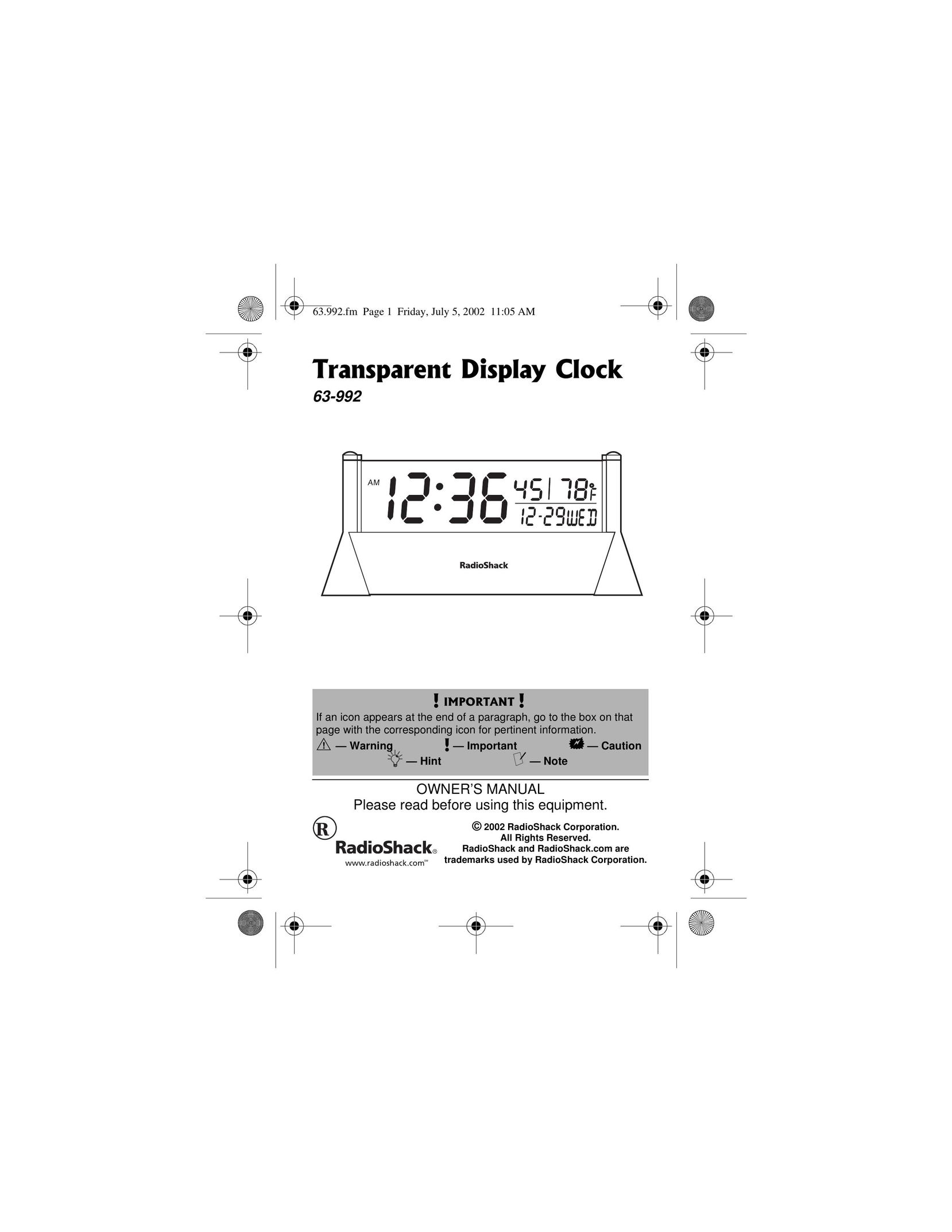 Radio Shack 63-992 Clock User Manual