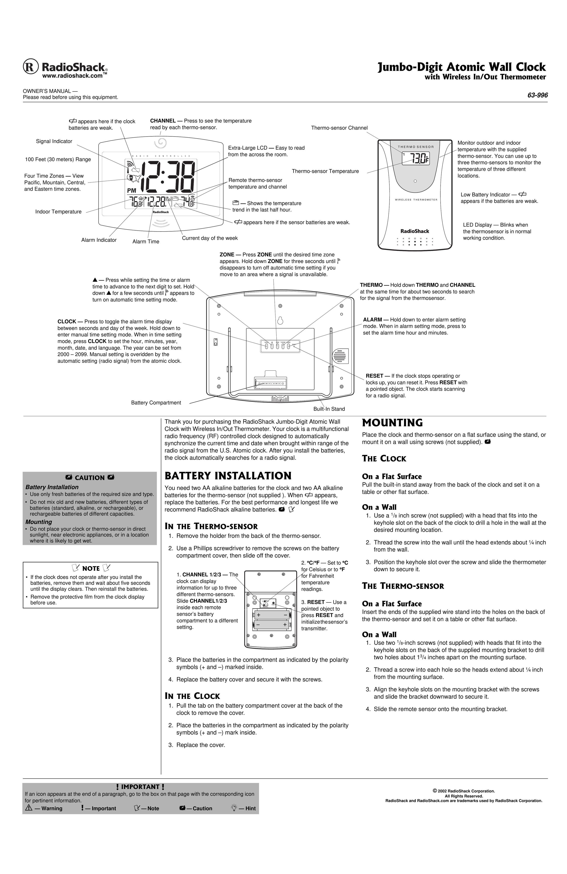 Radio Shack 63-996 Clock User Manual