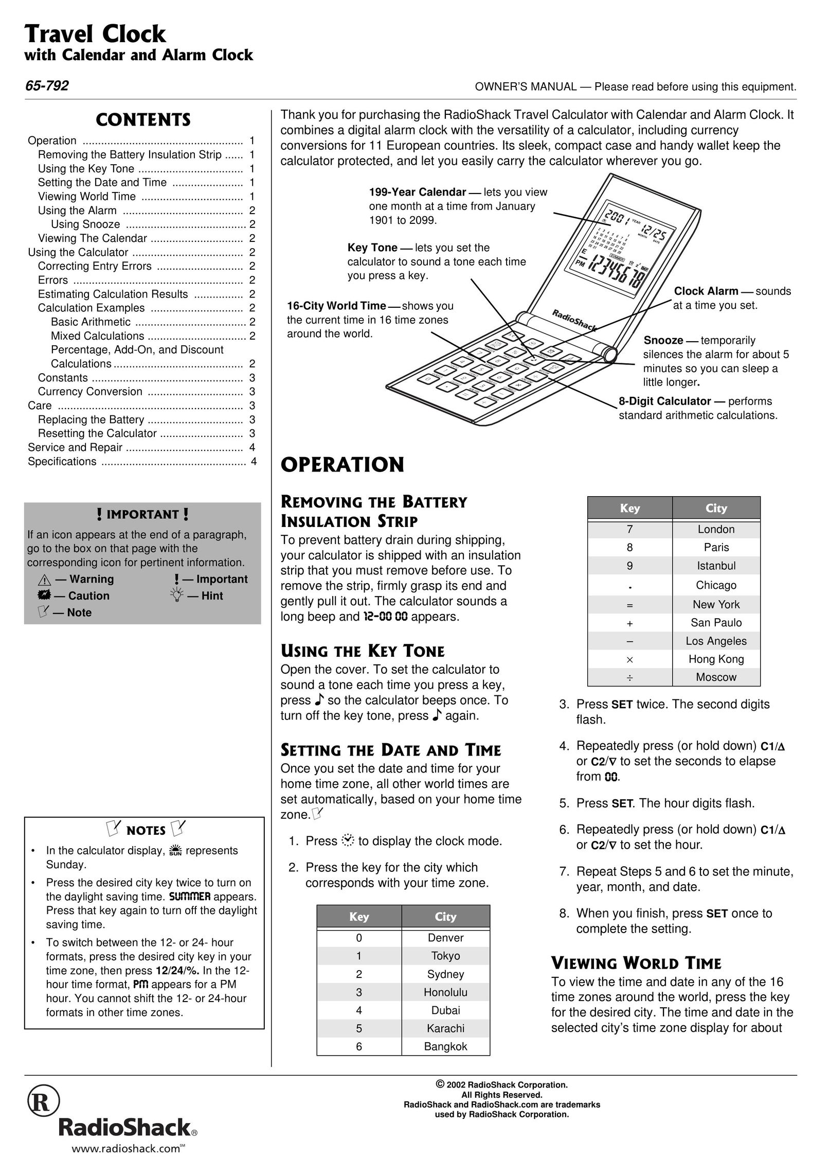 Radio Shack 65-792 Clock User Manual