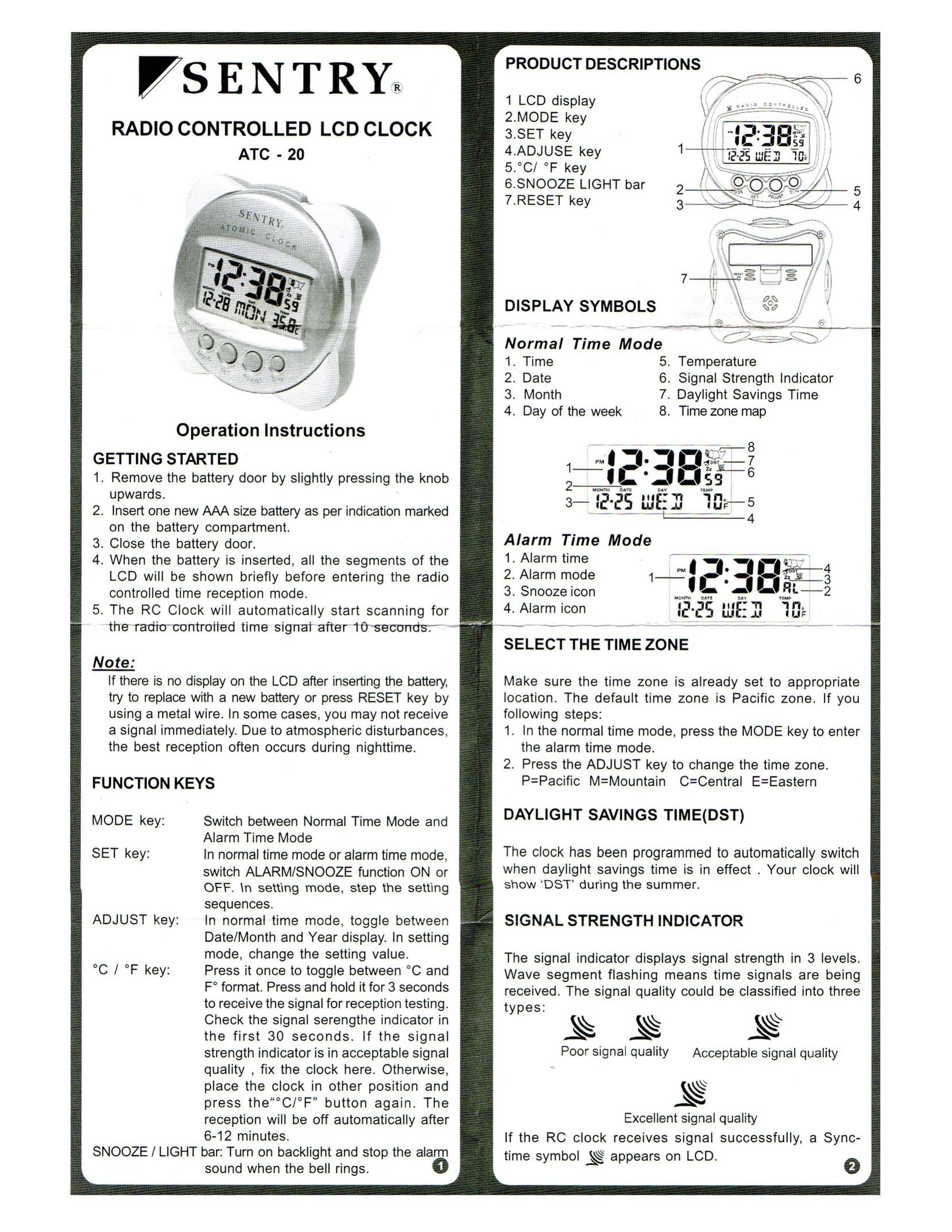 Sentry Industries ATC-20 Clock User Manual