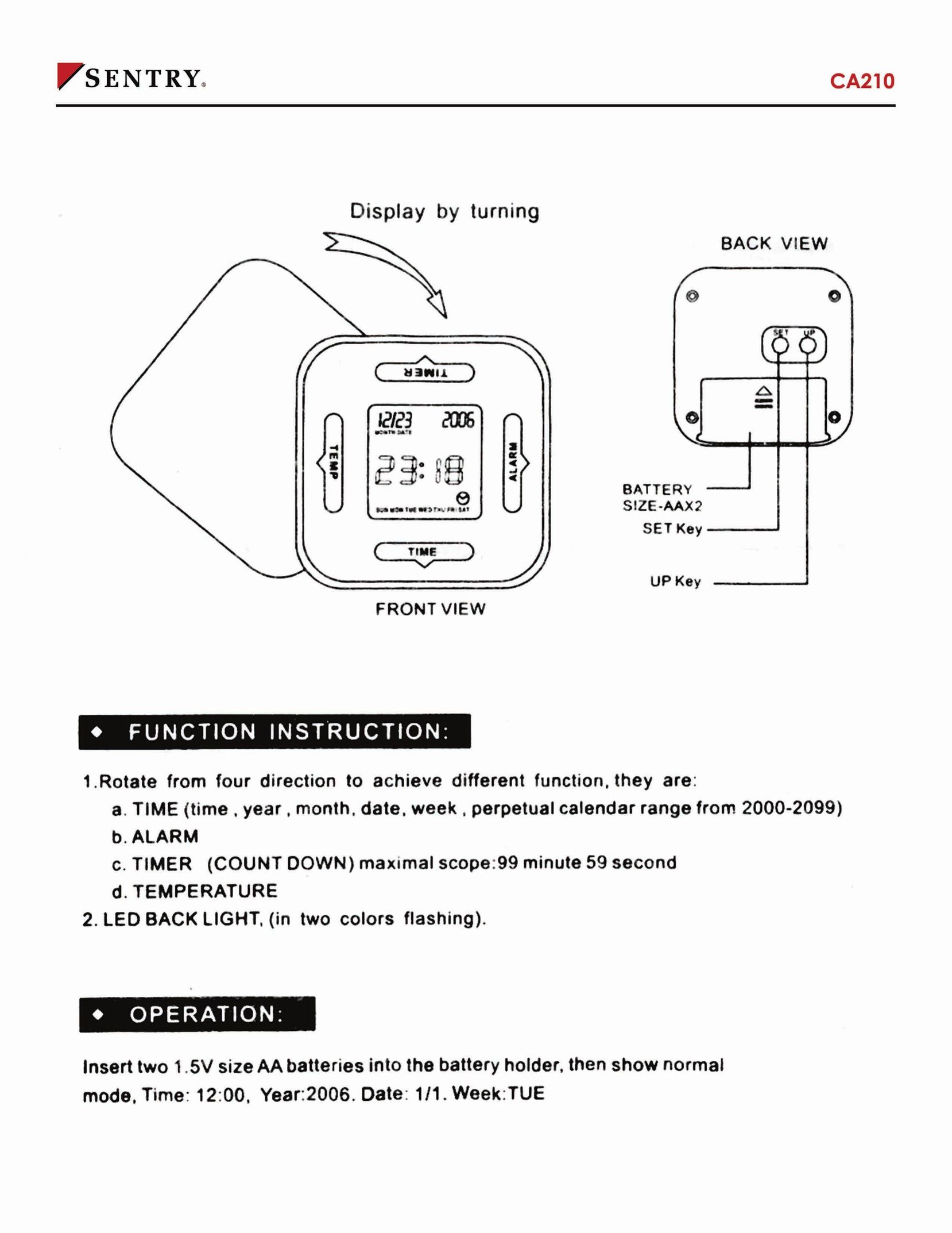 Sentry Industries CA210 Clock User Manual