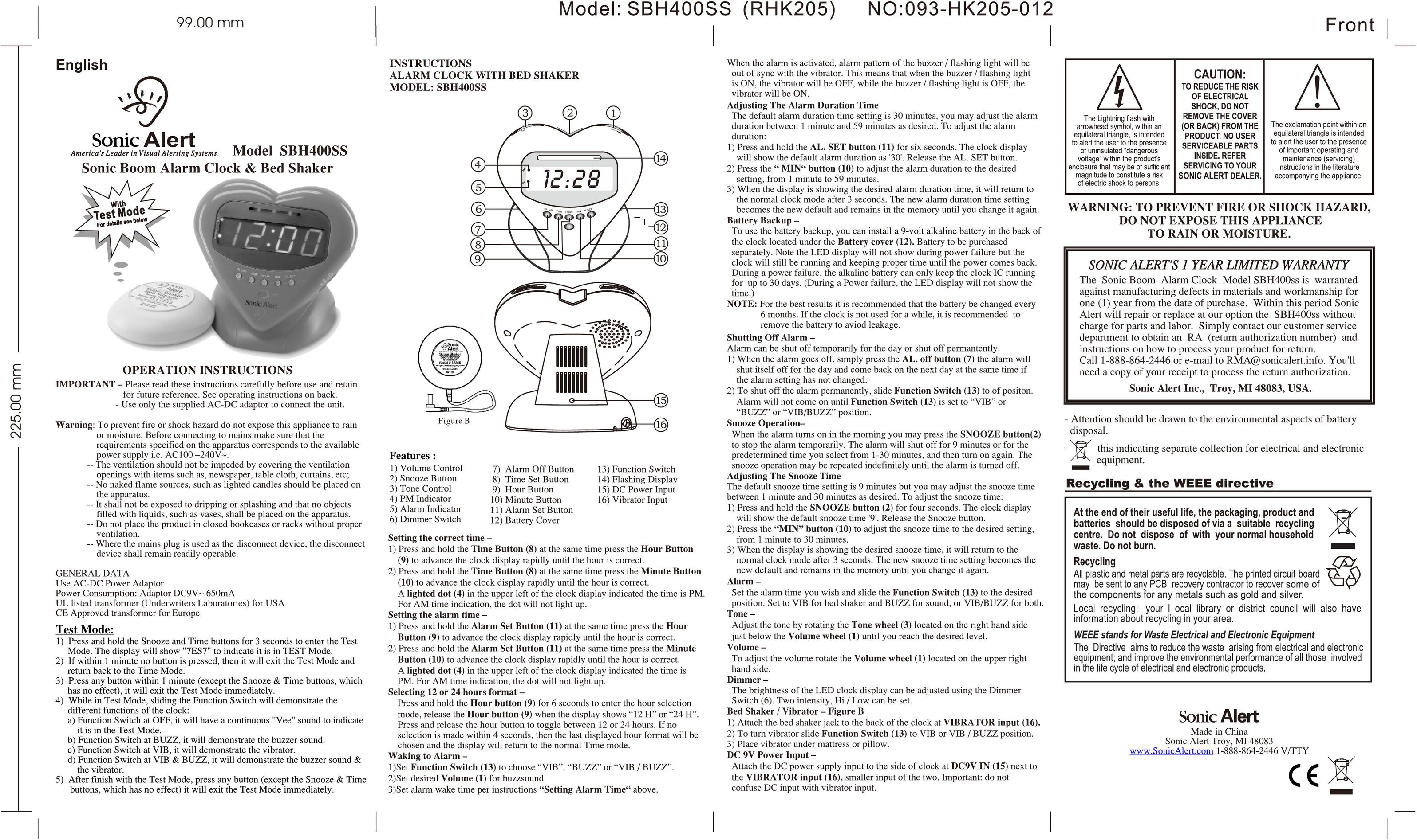 Sonic Alert SBH400SS Clock User Manual