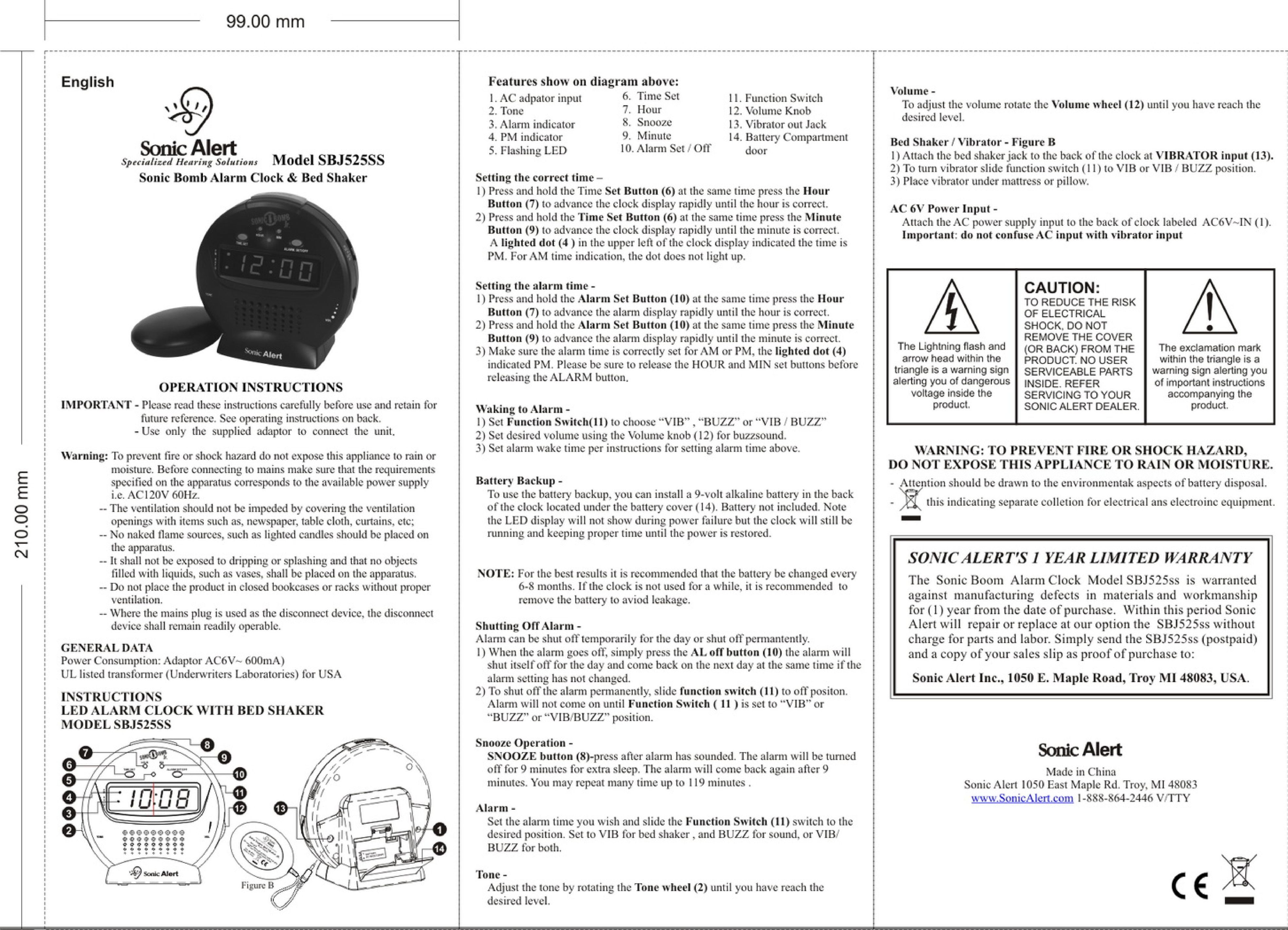 Sonic Alert SBJ525SS Clock User Manual