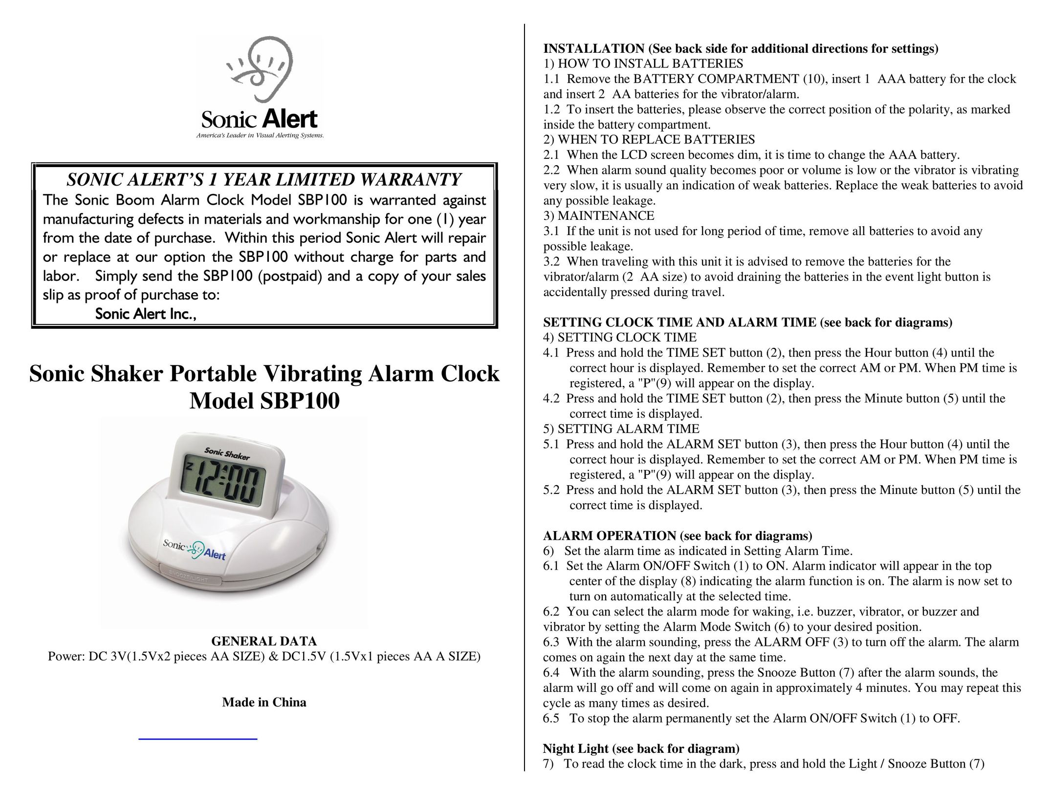 Sonic Alert SBP100 Clock User Manual