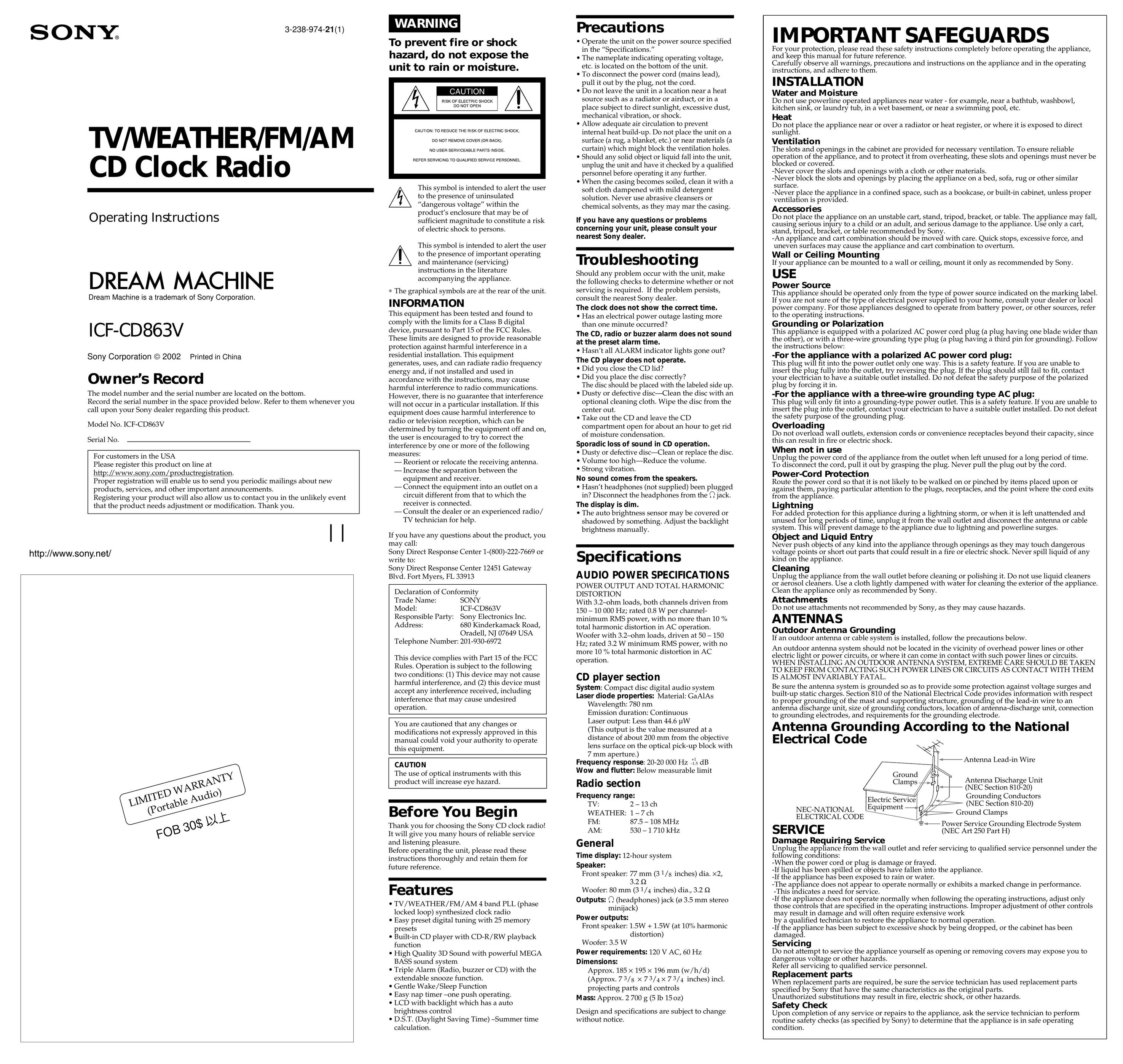 Sony ICF-CD863V Clock User Manual