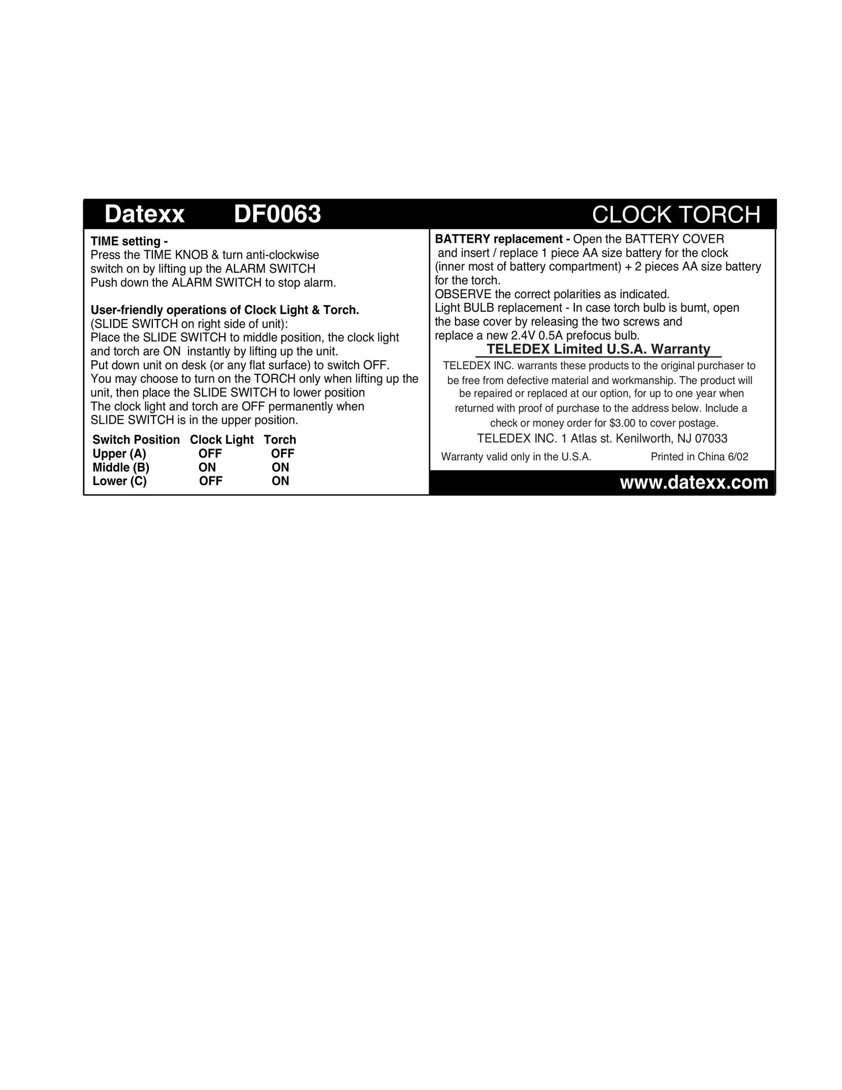 Teledex DF0063 Clock User Manual