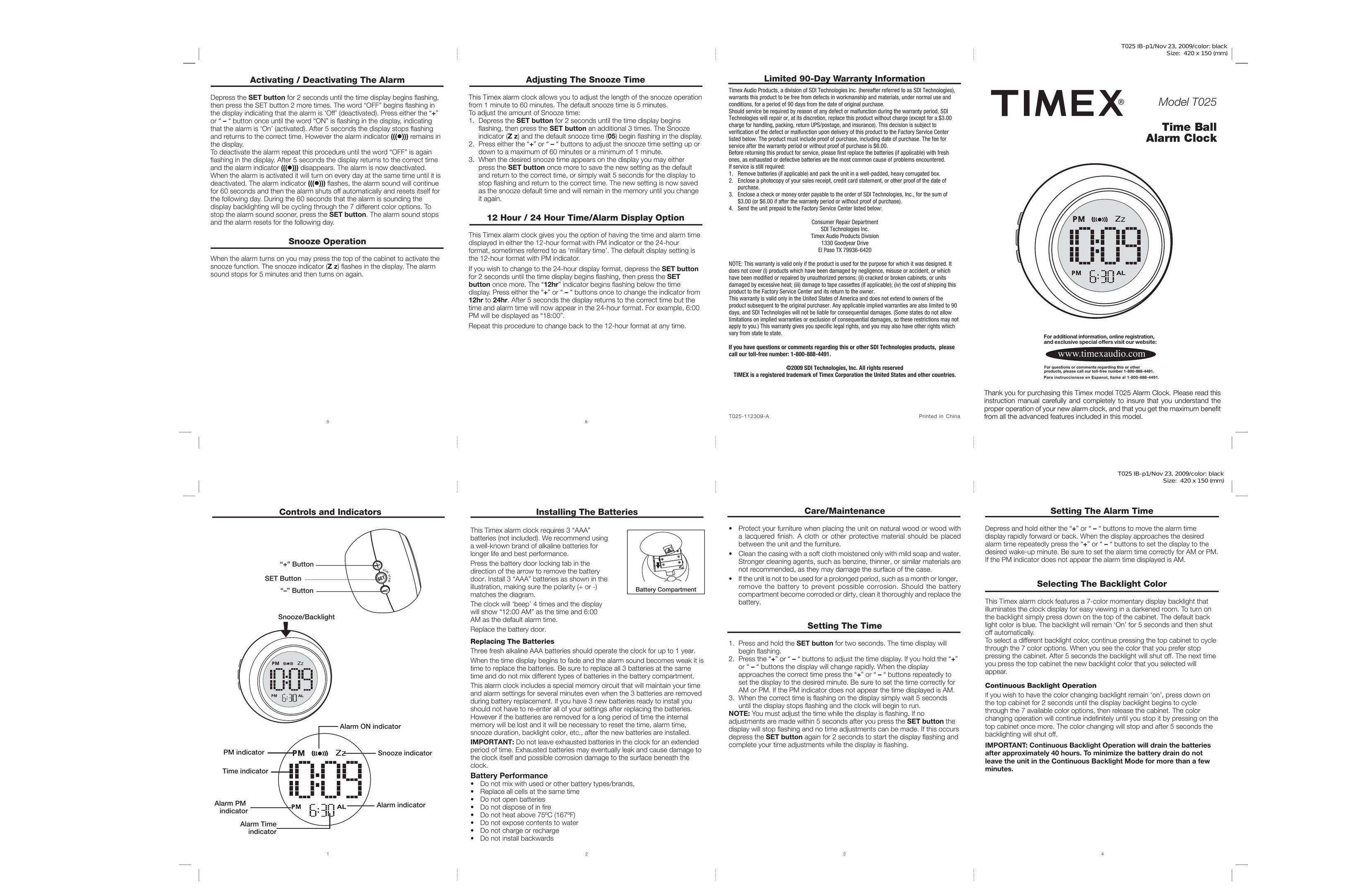 Timex T025 Clock User Manual