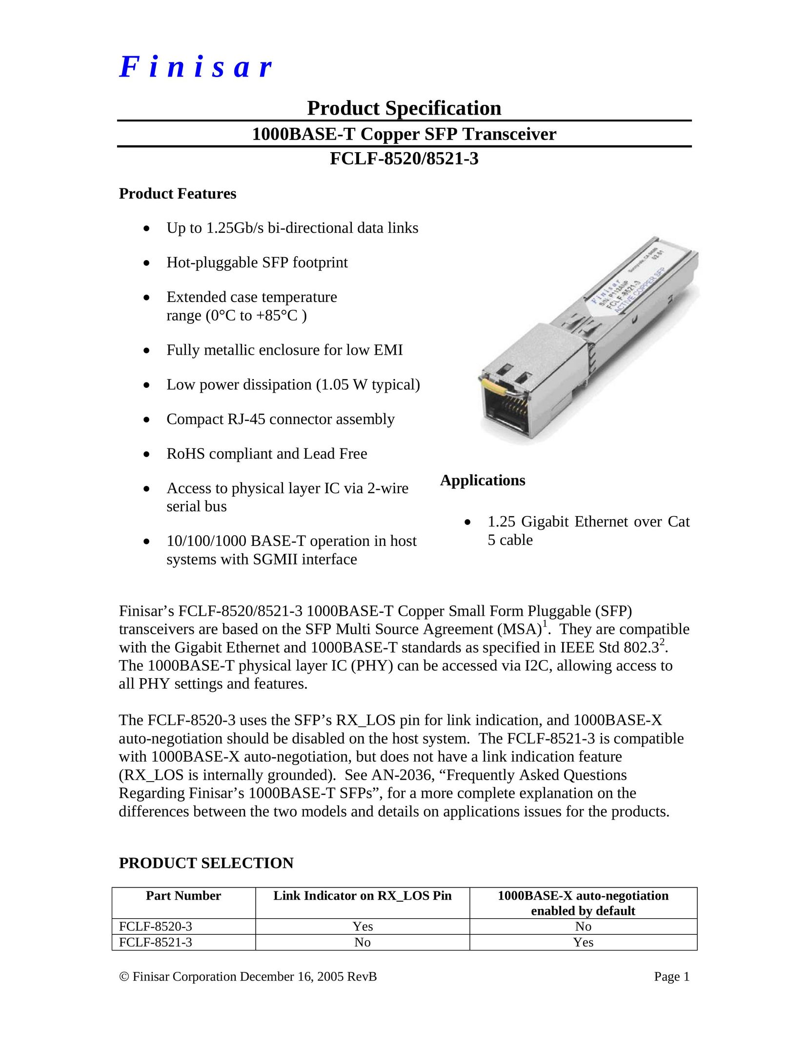 Finisar FCLF-8521-3 Computer Accessories User Manual