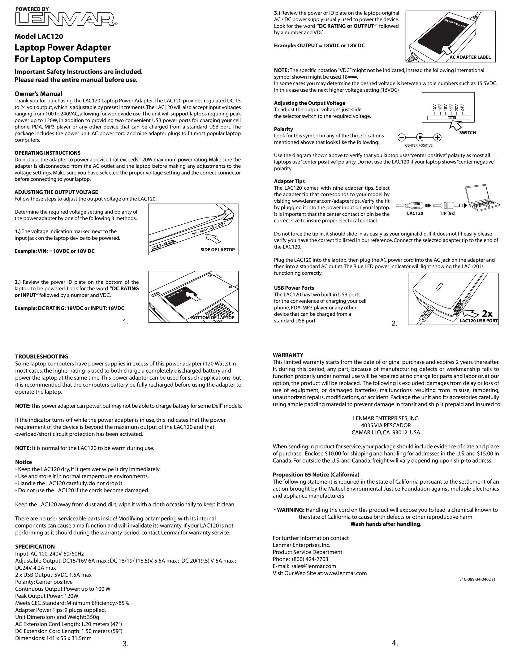Lenmar Enterprises LAC120 Computer Accessories User Manual