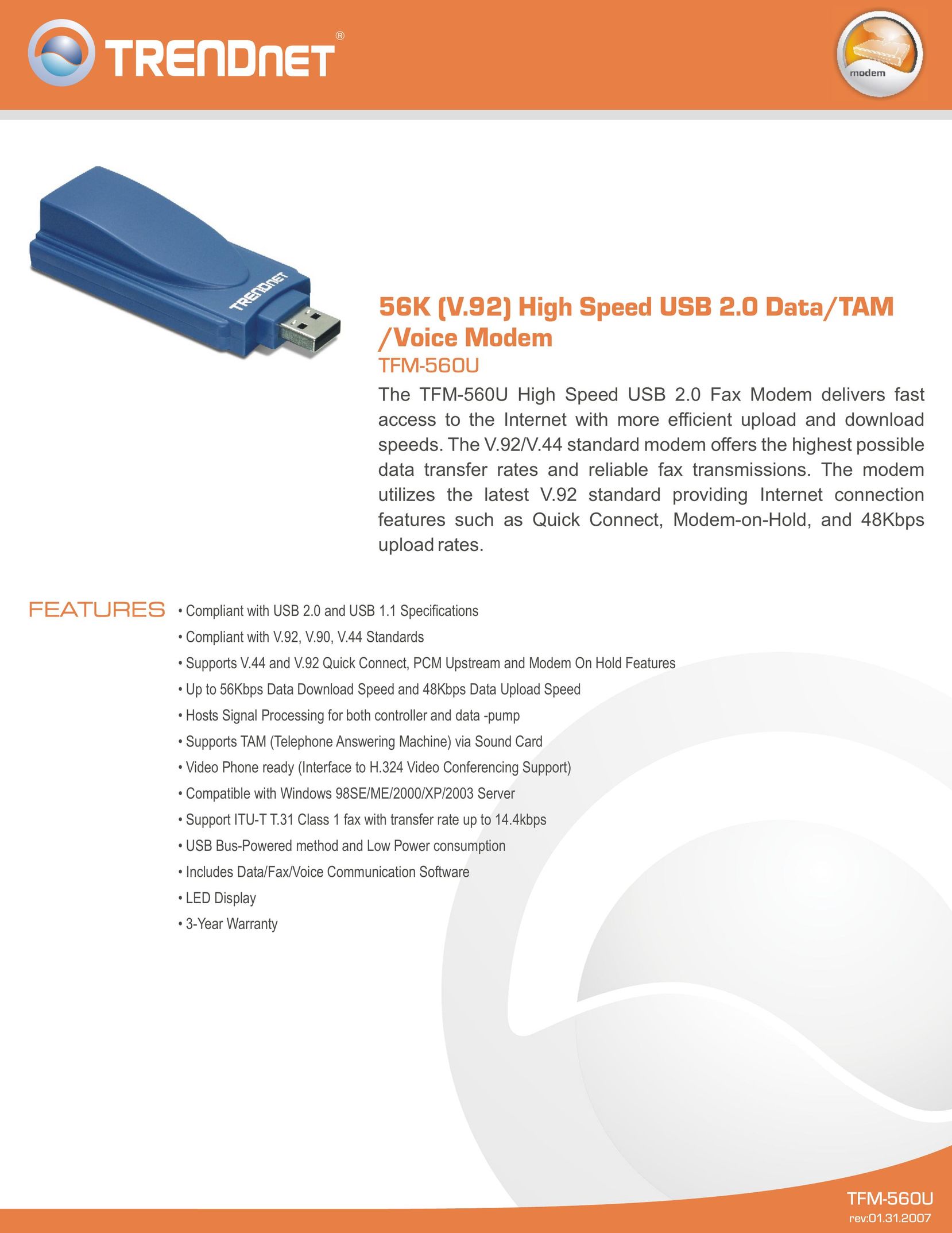TRENDnet High Spped USB 2.0 Data/TAM/Voice Modem Computer Accessories User Manual