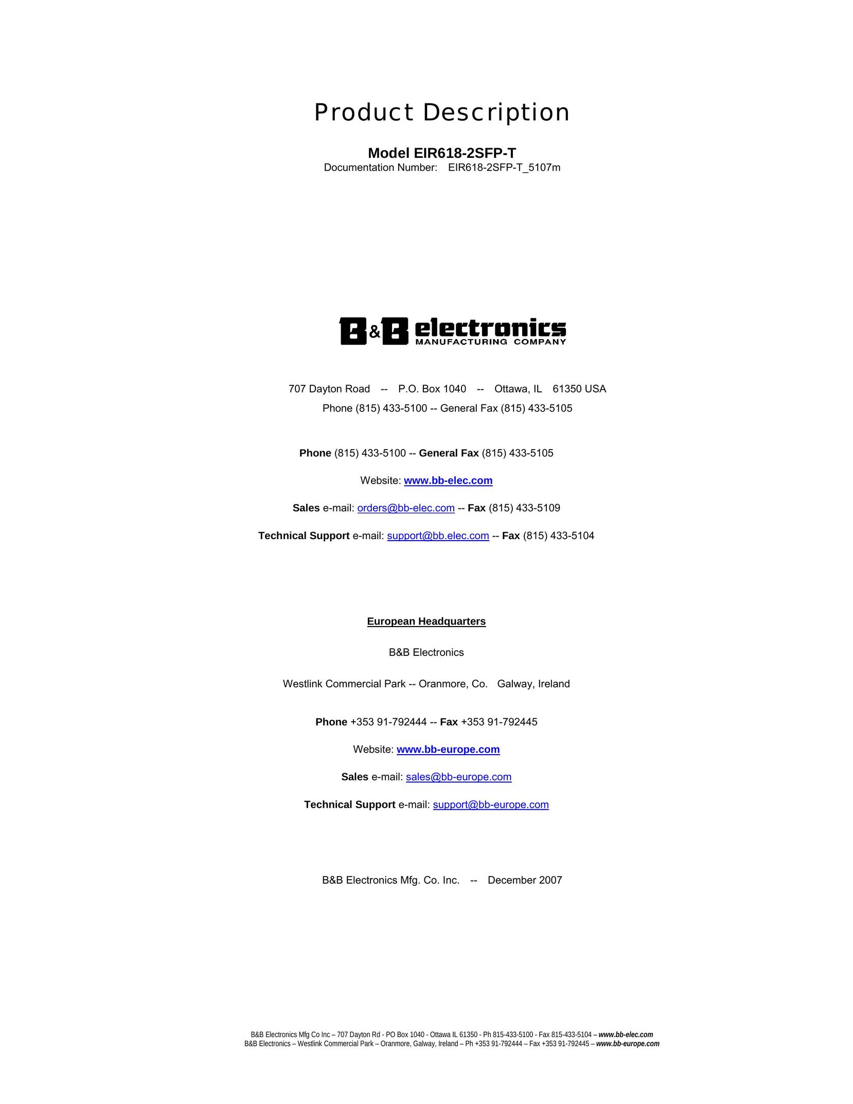 B&B Electronics EIR618-2SFP-T Computer Drive User Manual