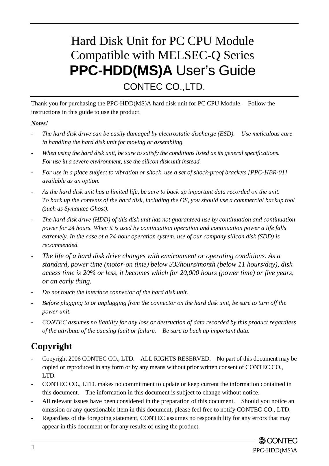 Contec PPC-HDD(MS)A Computer Drive User Manual