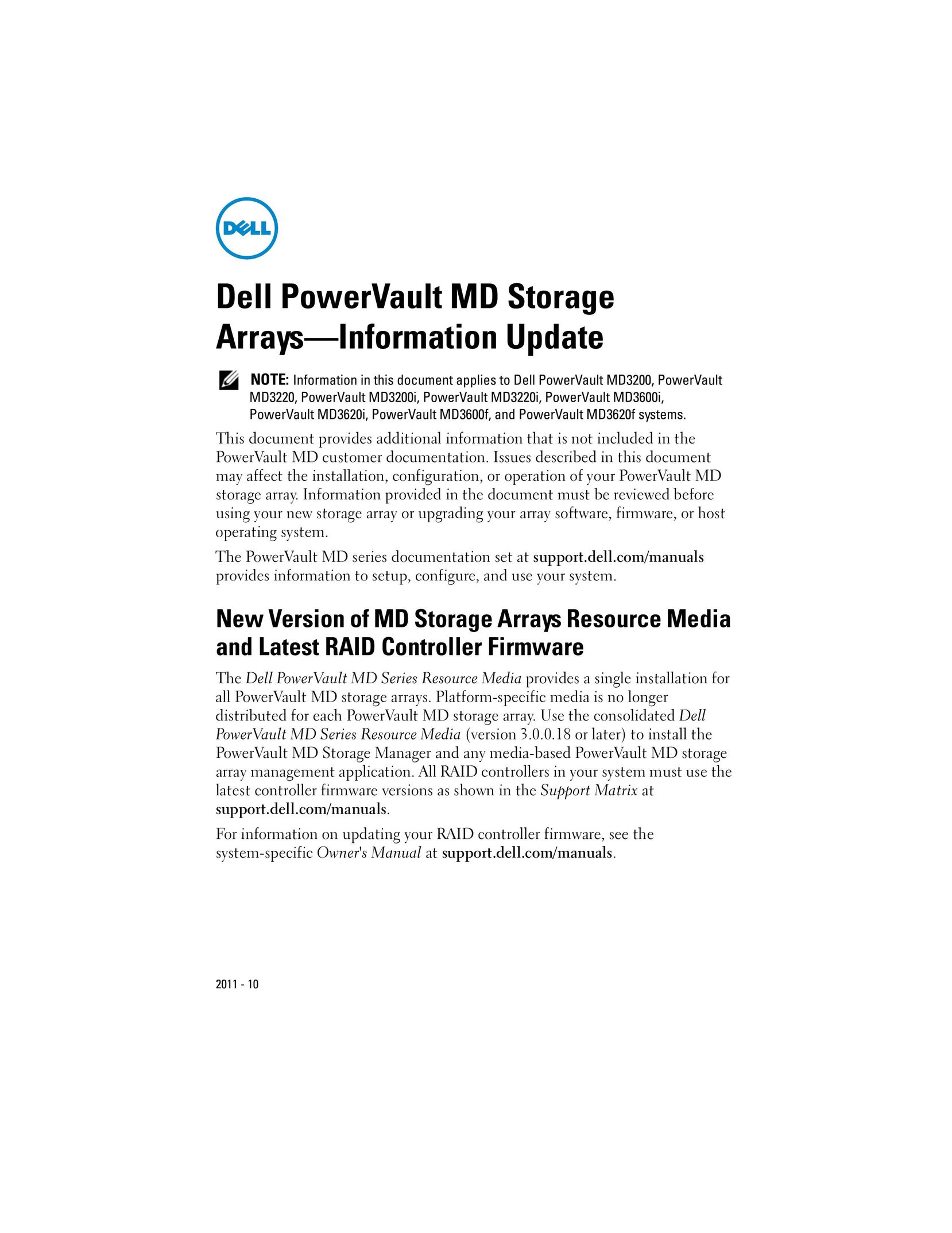 Dell dell power vault md storage arrays information update Computer Drive User Manual