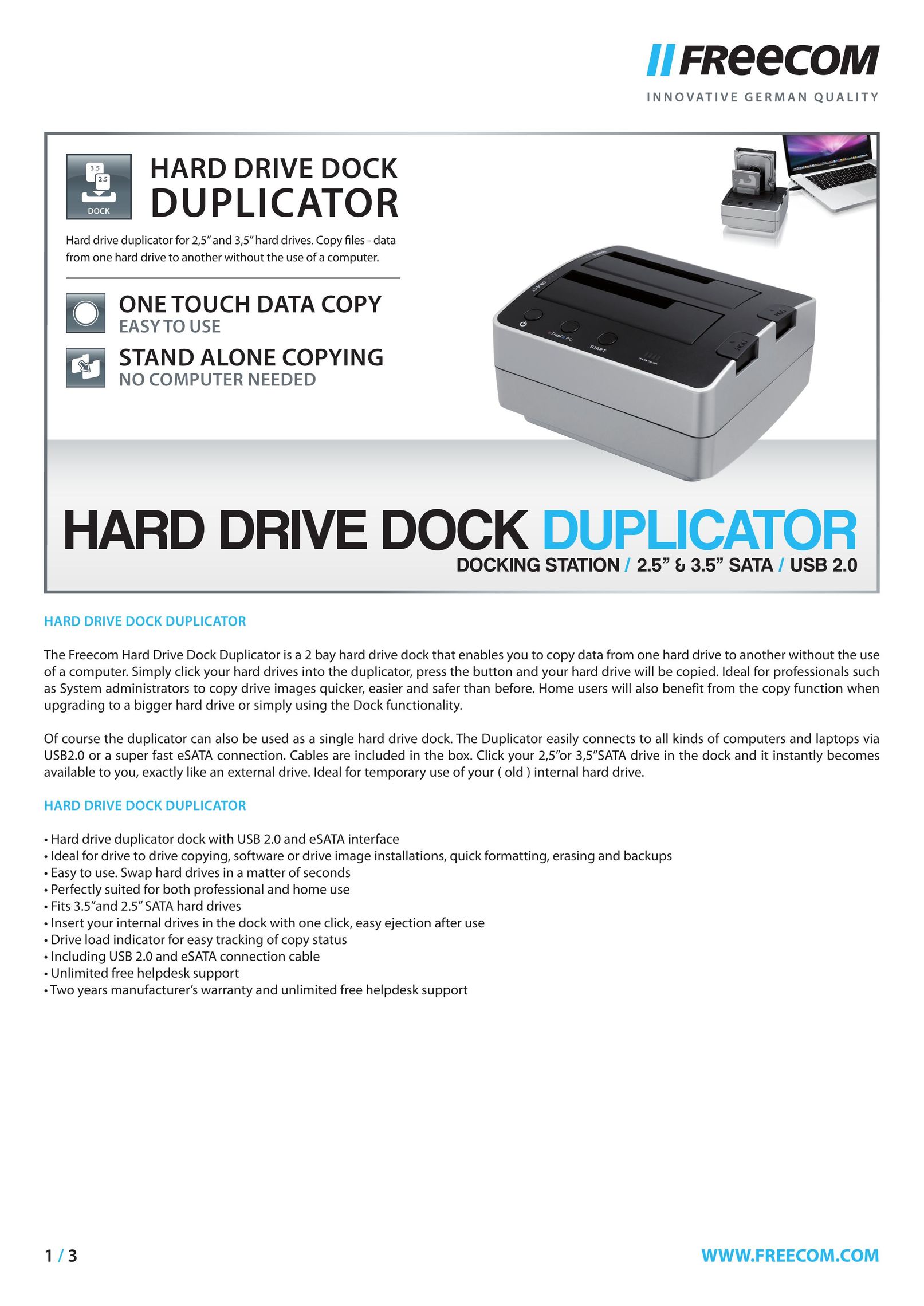 Freecom Technologies Hard Drive Dock Duplicator Computer Drive User Manual