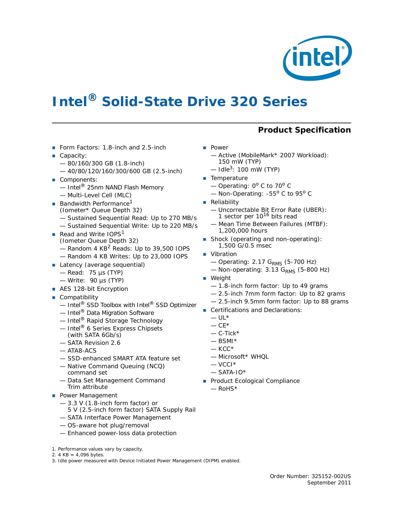 Intel SSDSA2CW160G310 Computer Drive User Manual